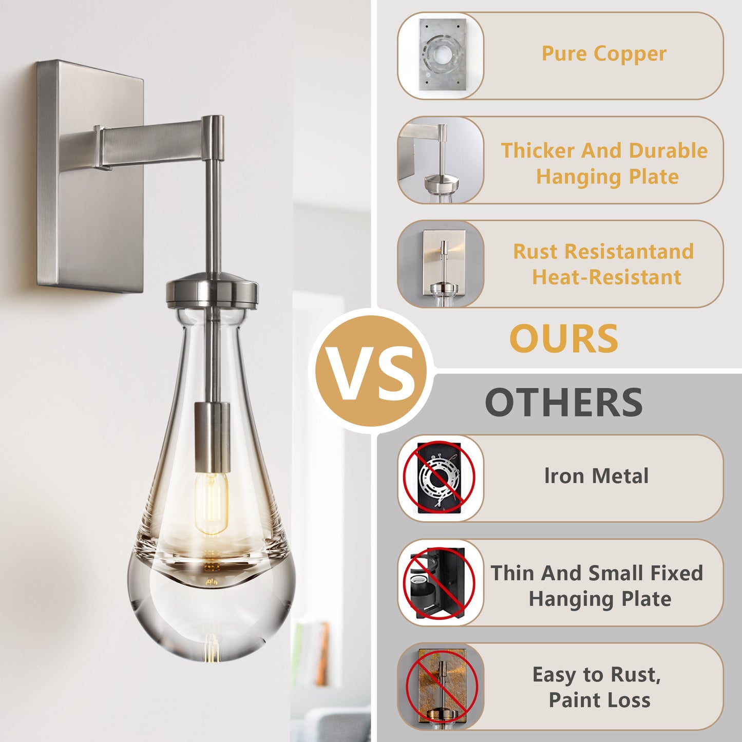 17.7 in. 1 Light Silver Wall Sconce, Raindrop Wall Lighting with Hand Blown Solid Glass, Brass Base and Rod (1 Set)
