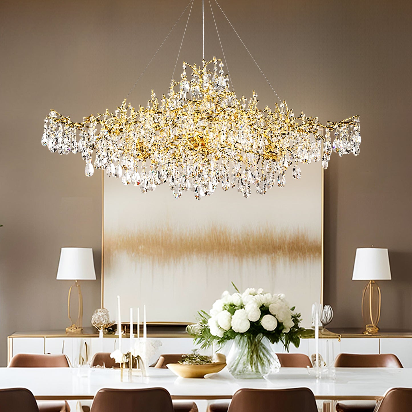 14-Lights Gold Luxury Crystal Linear Chandelier, Modern Tree Branch Chandelier for Dinning Room, Kitchen, Living Room