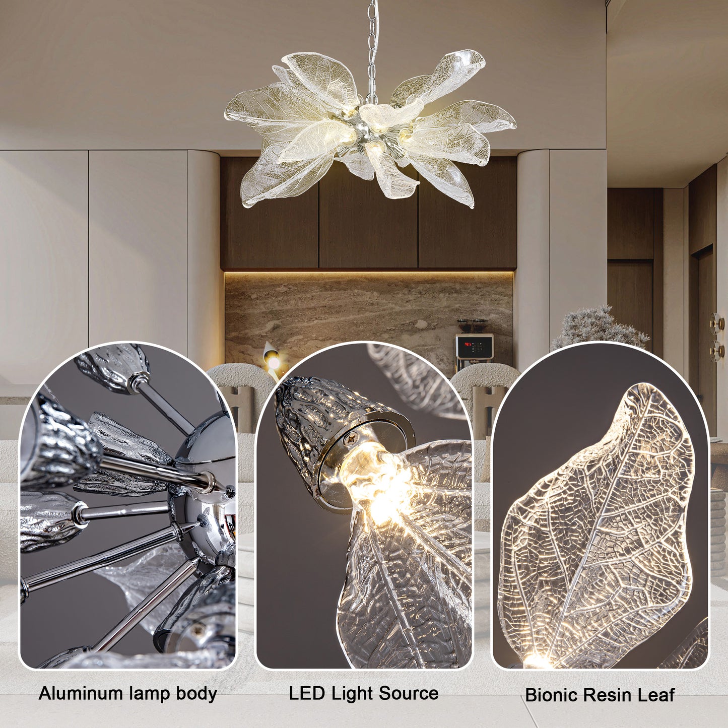 D23 in. 16-Light Silver Modern Chandelier, Crystal Leaf Chandelier for Bedroom, Dining Room, Living Room, Foyer