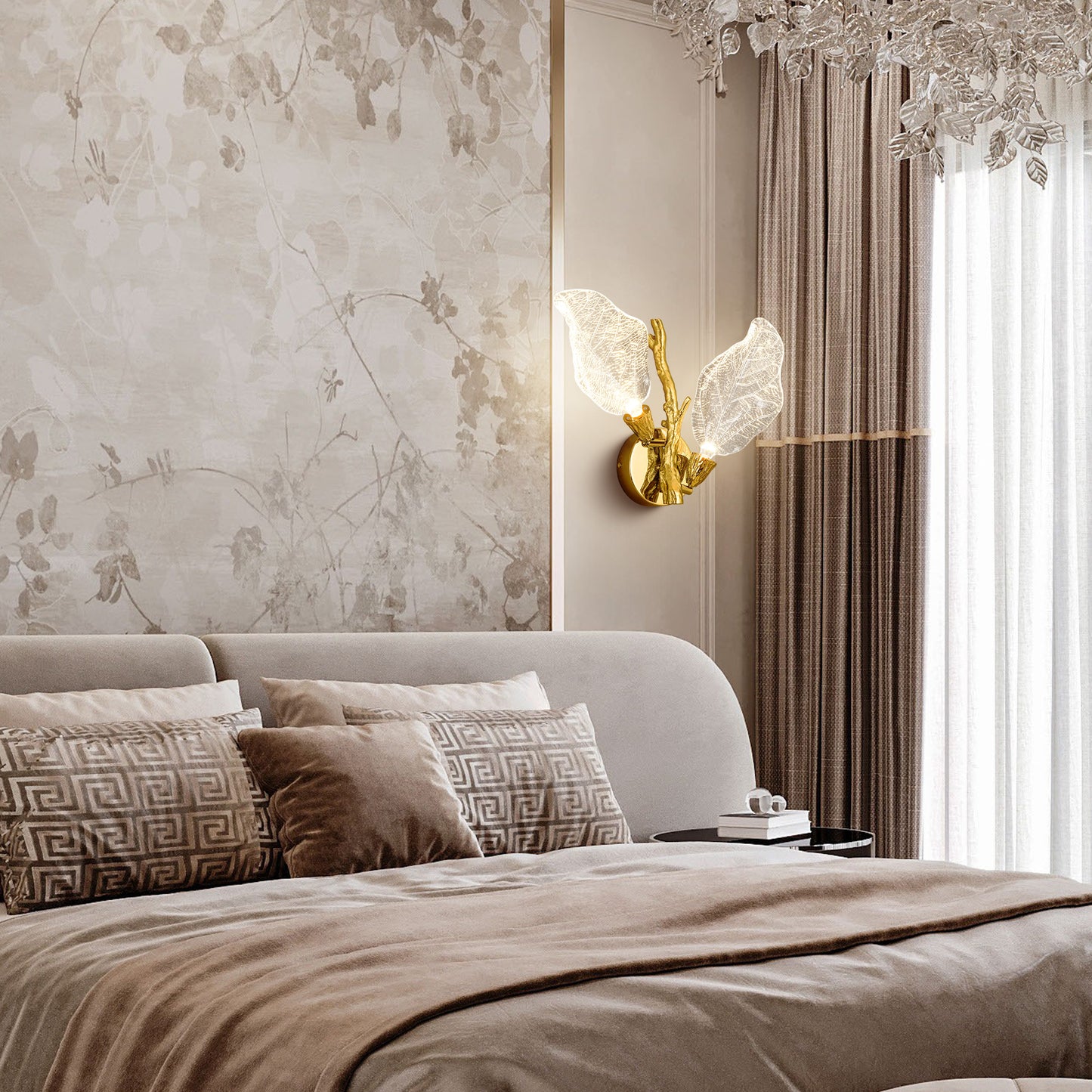 2-Light Gold Bionic Leaf Wall Sconce, LED Vanity Lighting Fixtures for Bathroom Hallway, Living Room, Stairs
