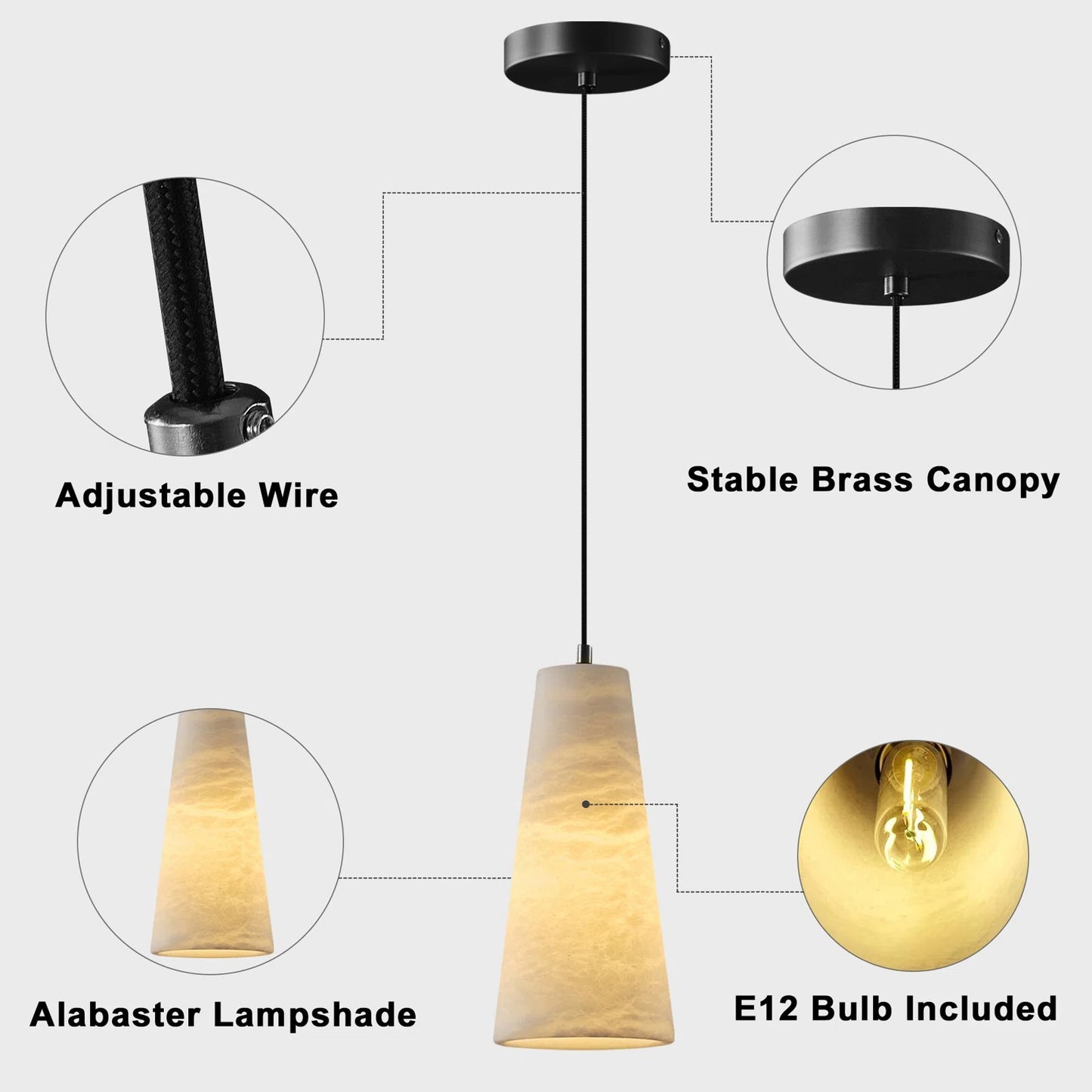 1-Light Black Pendant Light, Conical Natural Alabaster Shade Pendant Light for Dining Room, Kitchen Island Bulb Included