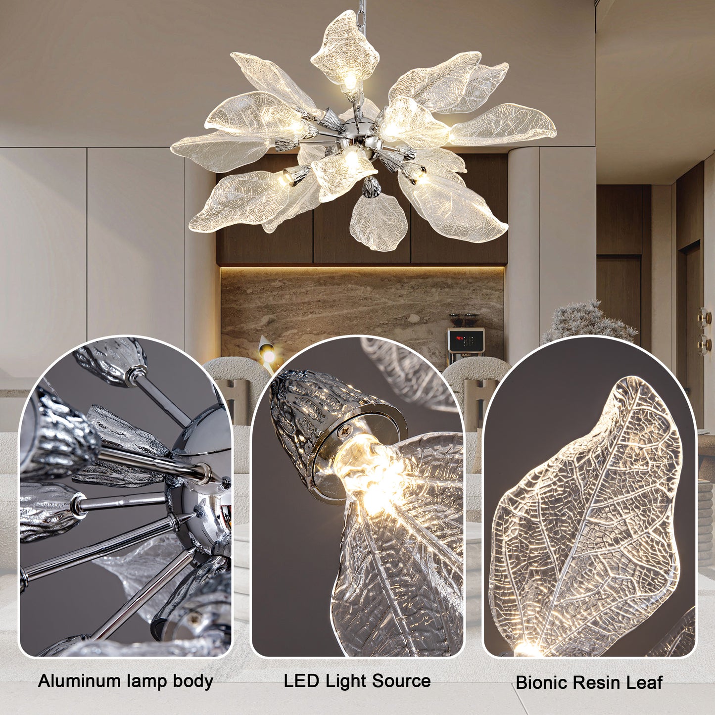 D31.5 in. 18-Light Silver Modern Chandelier, Crystal Leaf Chandelier for Bedroom, Dining Room, Living Room, Foyer