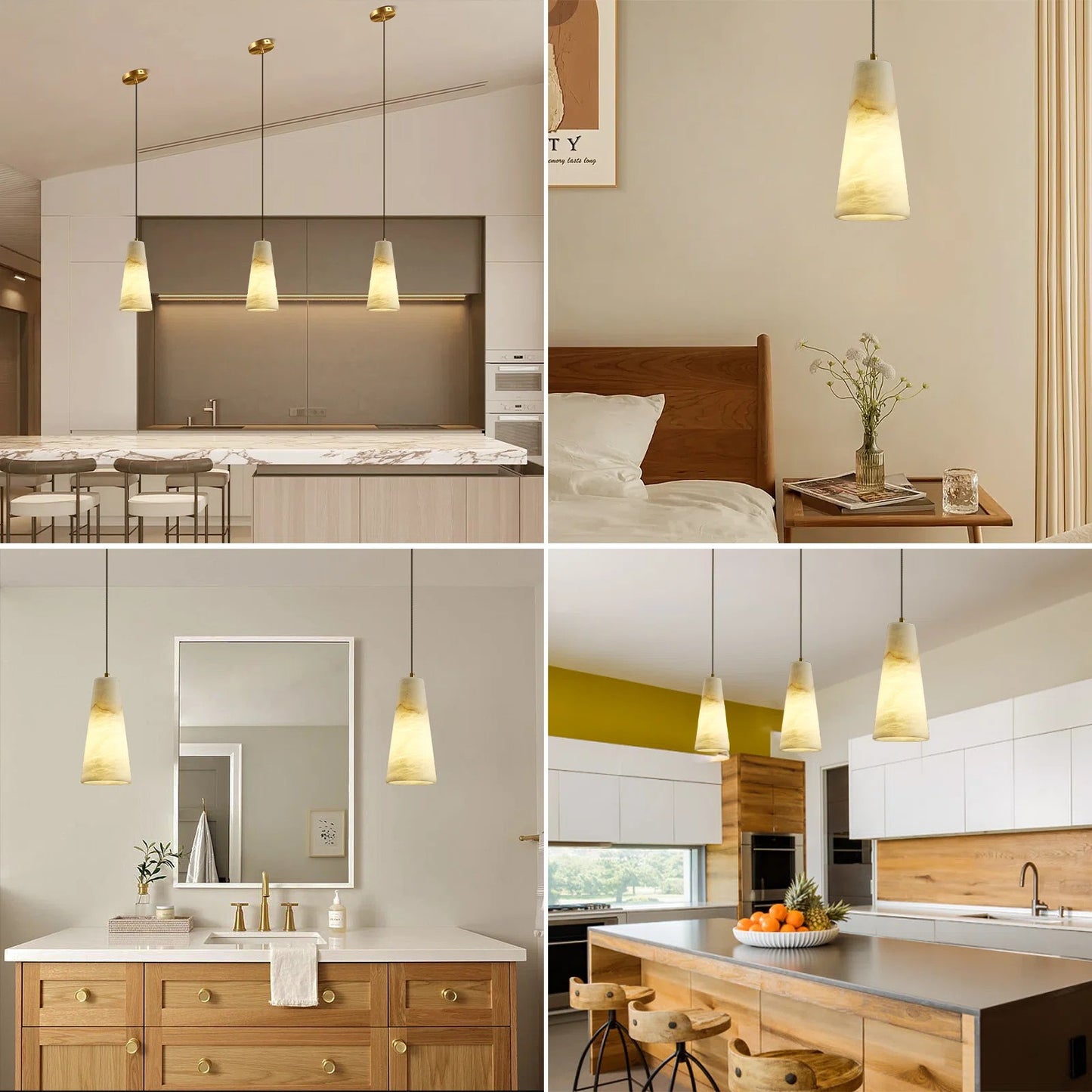 1-Light Gold Pendant Light, Conical Natural Alabaster Shade Pendant Light for Dining Room, Kitchen Island(Bulb Included)