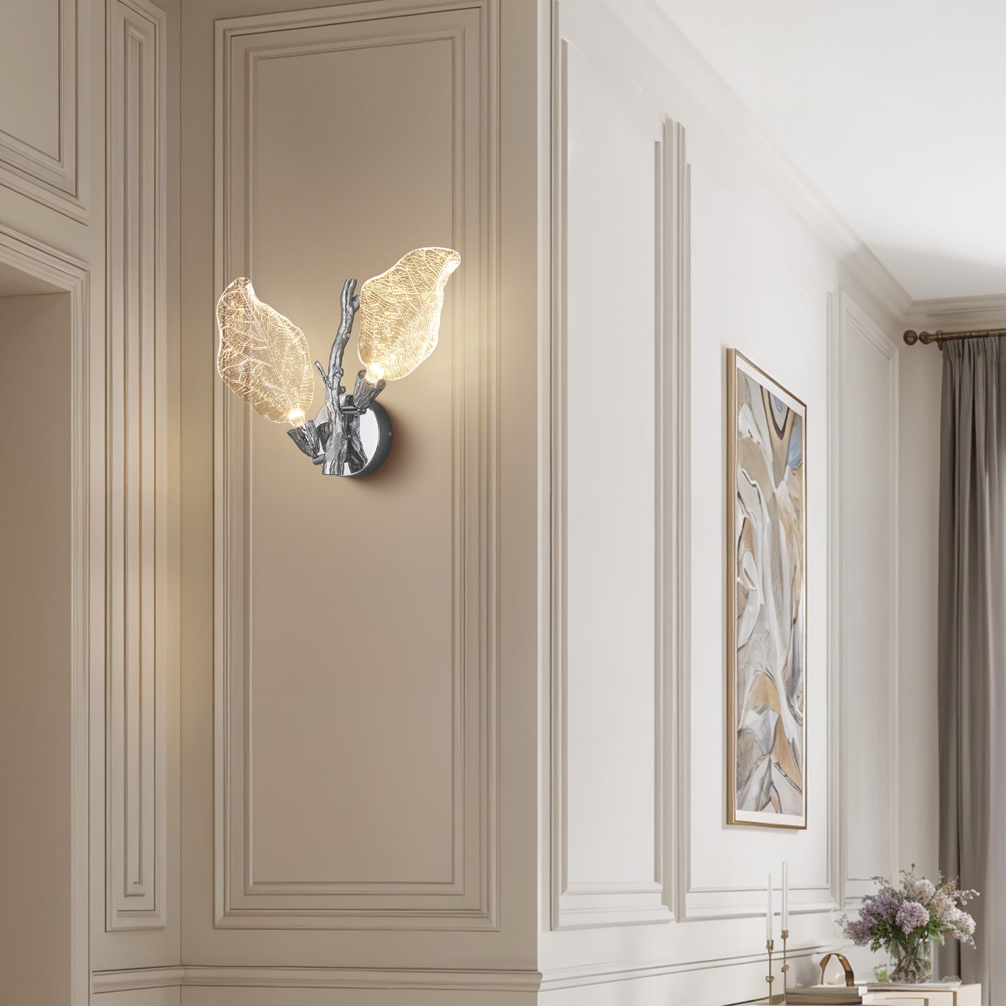 2-Light Silver Bionic Leaf Wall Sconce, LED Vanity Lighting Fixtures for Bathroom Hallway, Living Room, Stairs