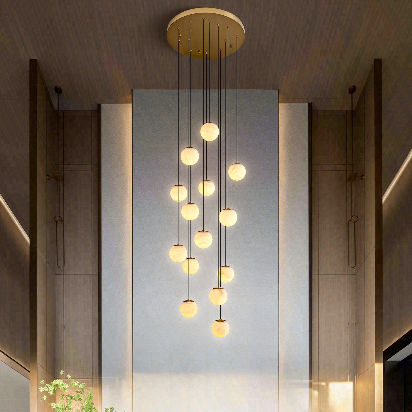 Modern 138 in. H 14-Light Gold Globe Staircase Chandelier, Natural Alabaster Chandelier for High Ceiling, Foyer, Entry