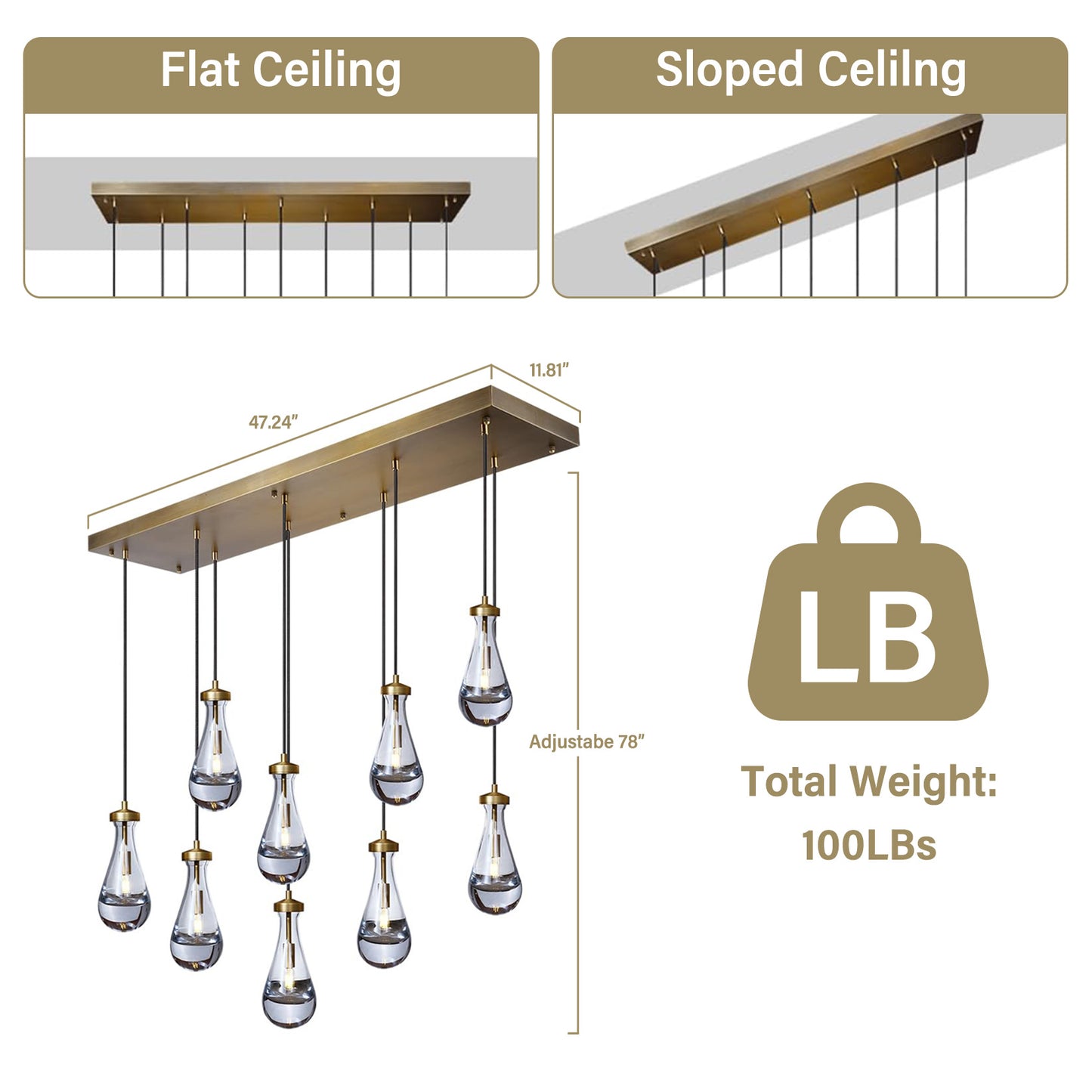 9-Light Gold Raindrop Chandelier, Modern Glass Pendant Light for Living Room, Kitchen Island, Bulb Included