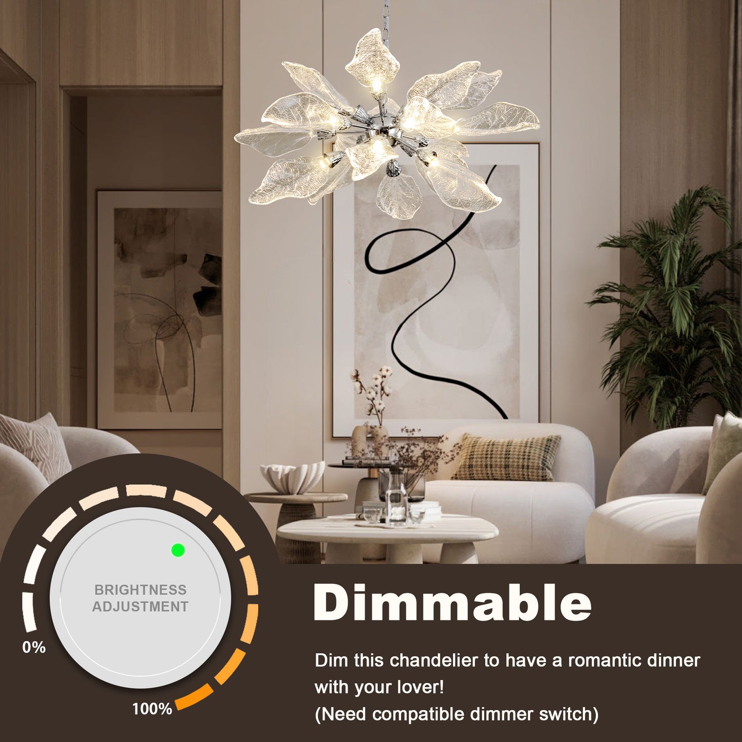 D31.5 in. 18-Light Silver Modern Chandelier, Crystal Leaf Chandelier for Bedroom, Dining Room, Living Room, Foyer