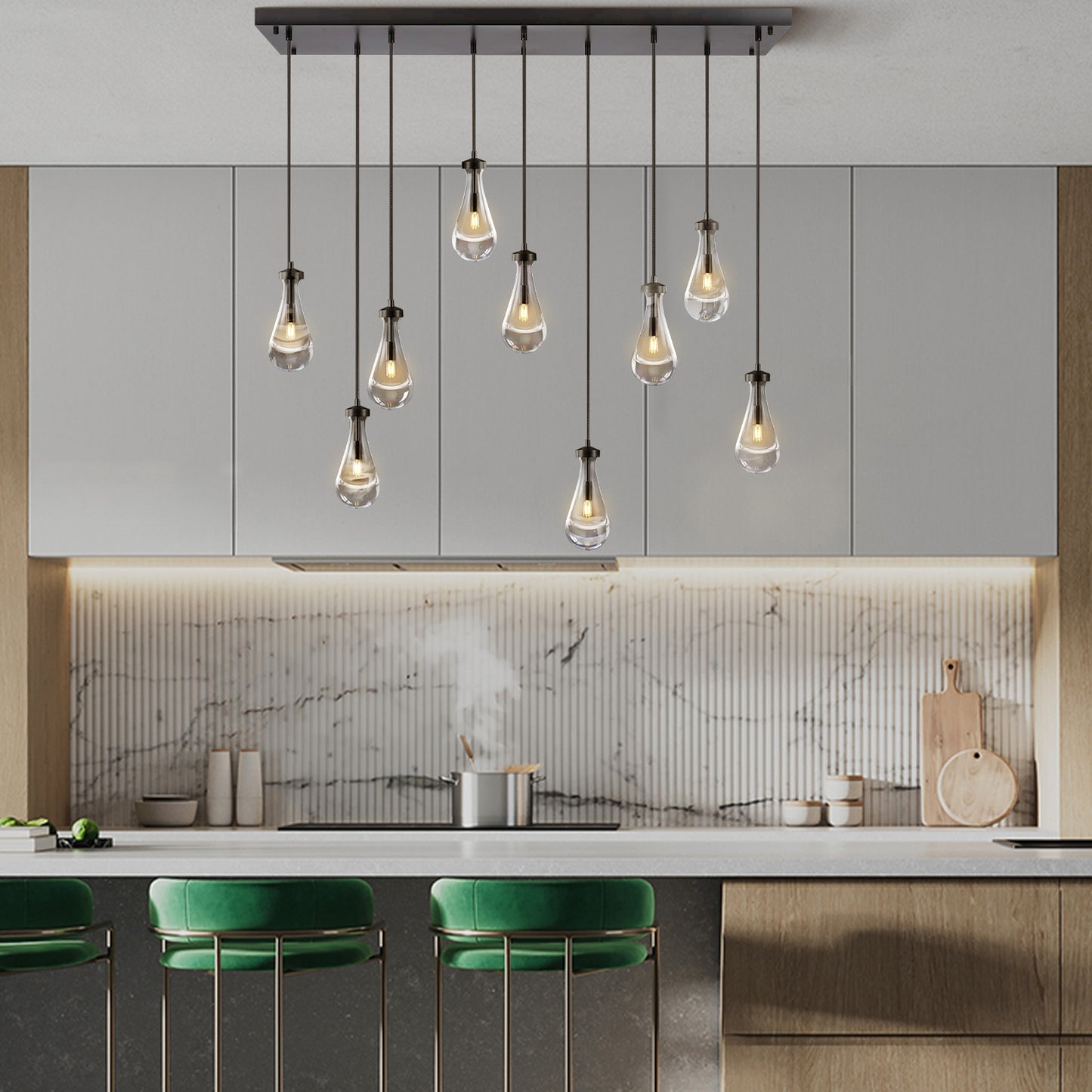 9-Lights Black Raindrop Chandelier, Modern Glass Pendant Light for Living Room, Kitchen Island, Bulb Included