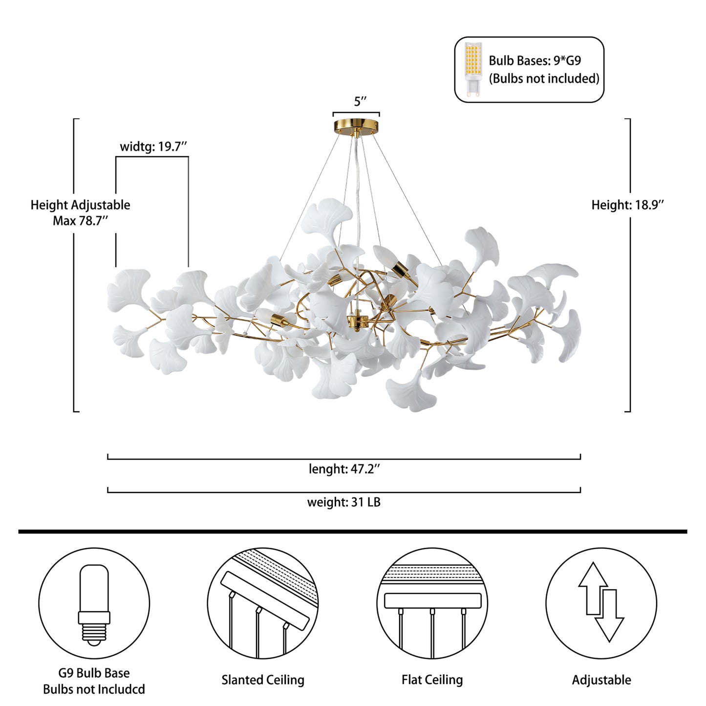 6-Light Gold Chandelier, Luxury Ginkgo Branch Chandelier for Living Room, Dining Room, Foyer, Kitchen Island-L 47 in.