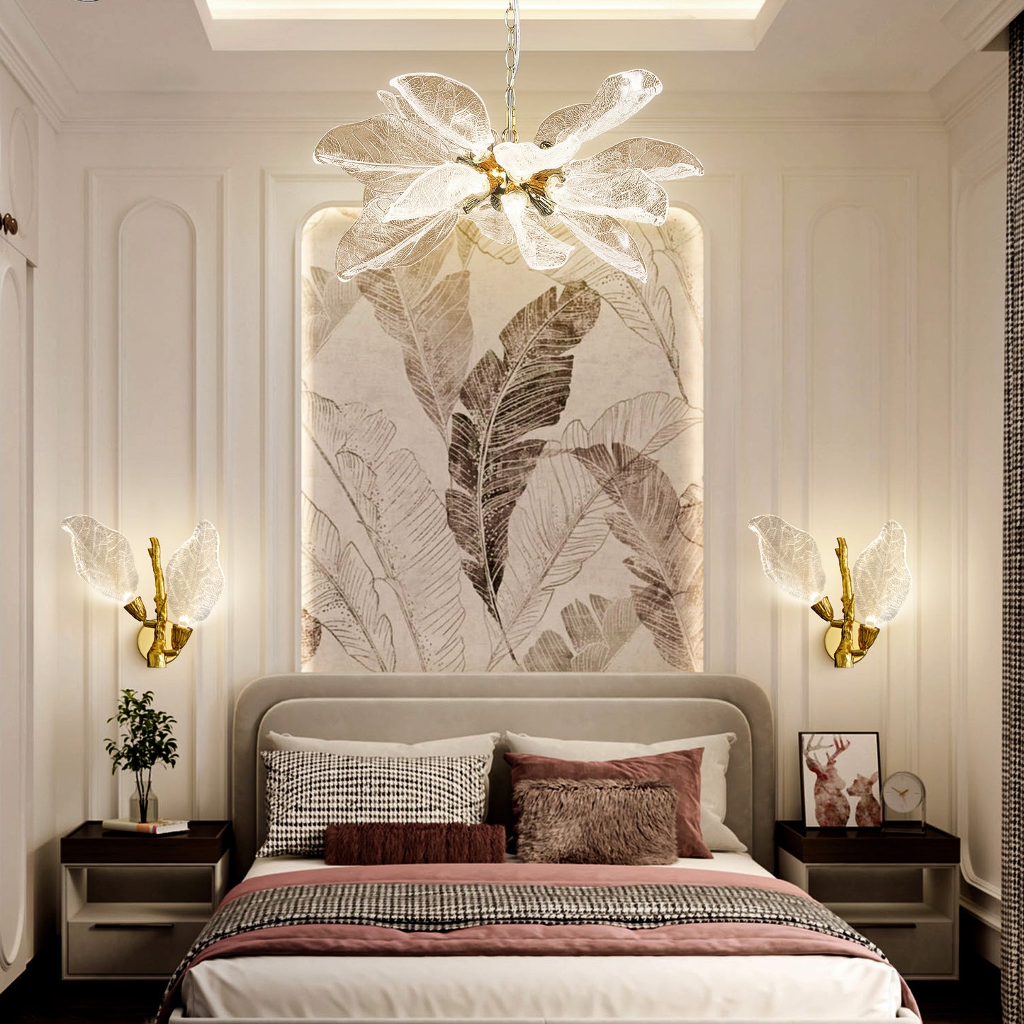 2-Light Gold Bionic Leaf Wall Sconce, LED Vanity Lighting Fixtures for Bathroom Hallway, Living Room, Stairs