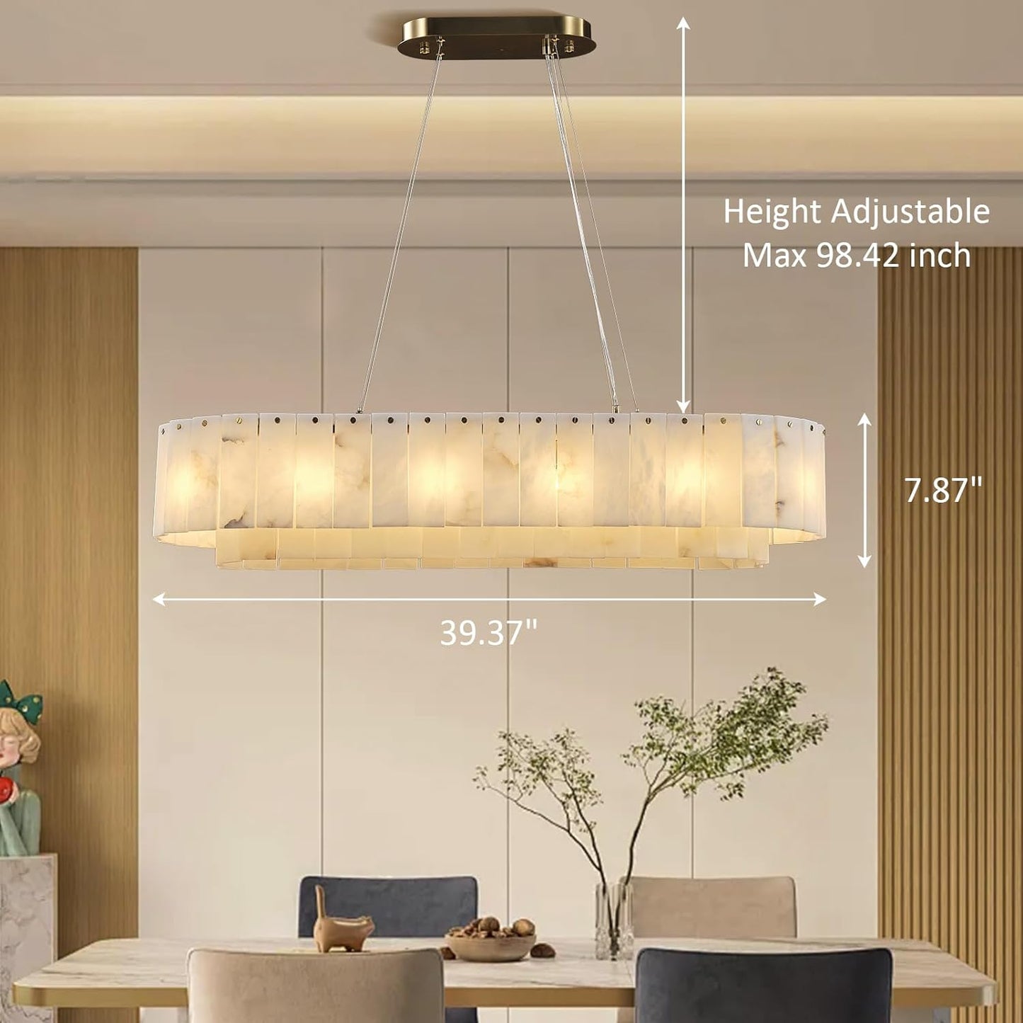 12-Light White Alabaster Chandelier, Adjustable Modern Rectangle Chandelier for Dining Room, Living Room, Kitchen Island