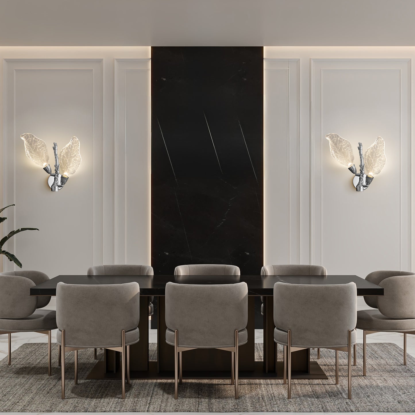 2-Light Silver Bionic Leaf Wall Sconce, LED Vanity Lighting Fixtures for Bathroom Hallway, Living Room, Stairs