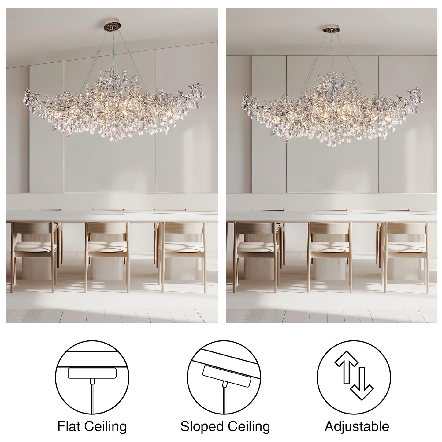 47.2" 14-Lights Silver Luxury Crystal Linear Chandelier, Modern Branch Chandelier for Dinning Room, Kitchen, Living Room