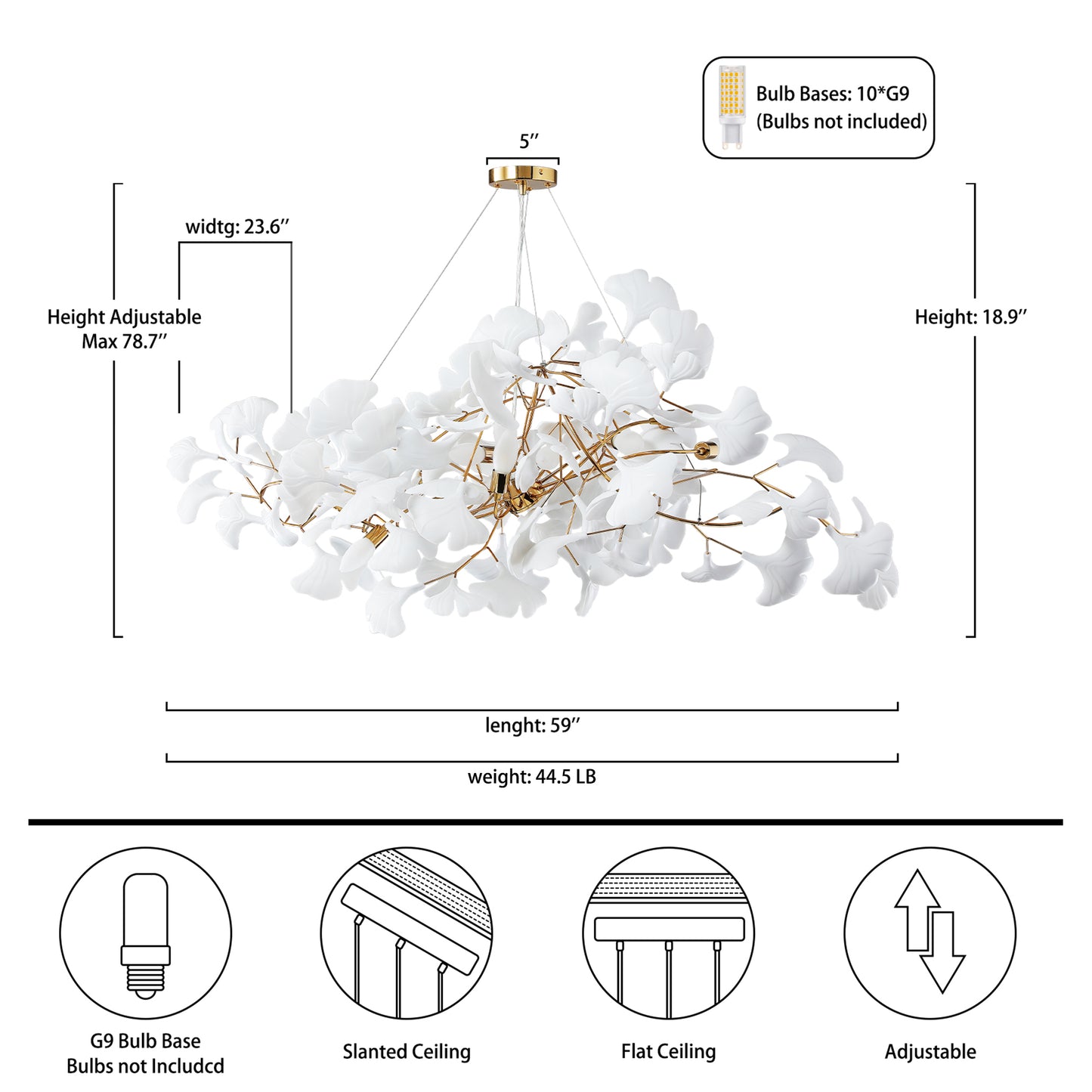 10 Light Gold Chandelier, Luxury Ginkgo Branch Chandelier for Living Room, Dining Room, Foyer, Kitchen Island-L59 in.