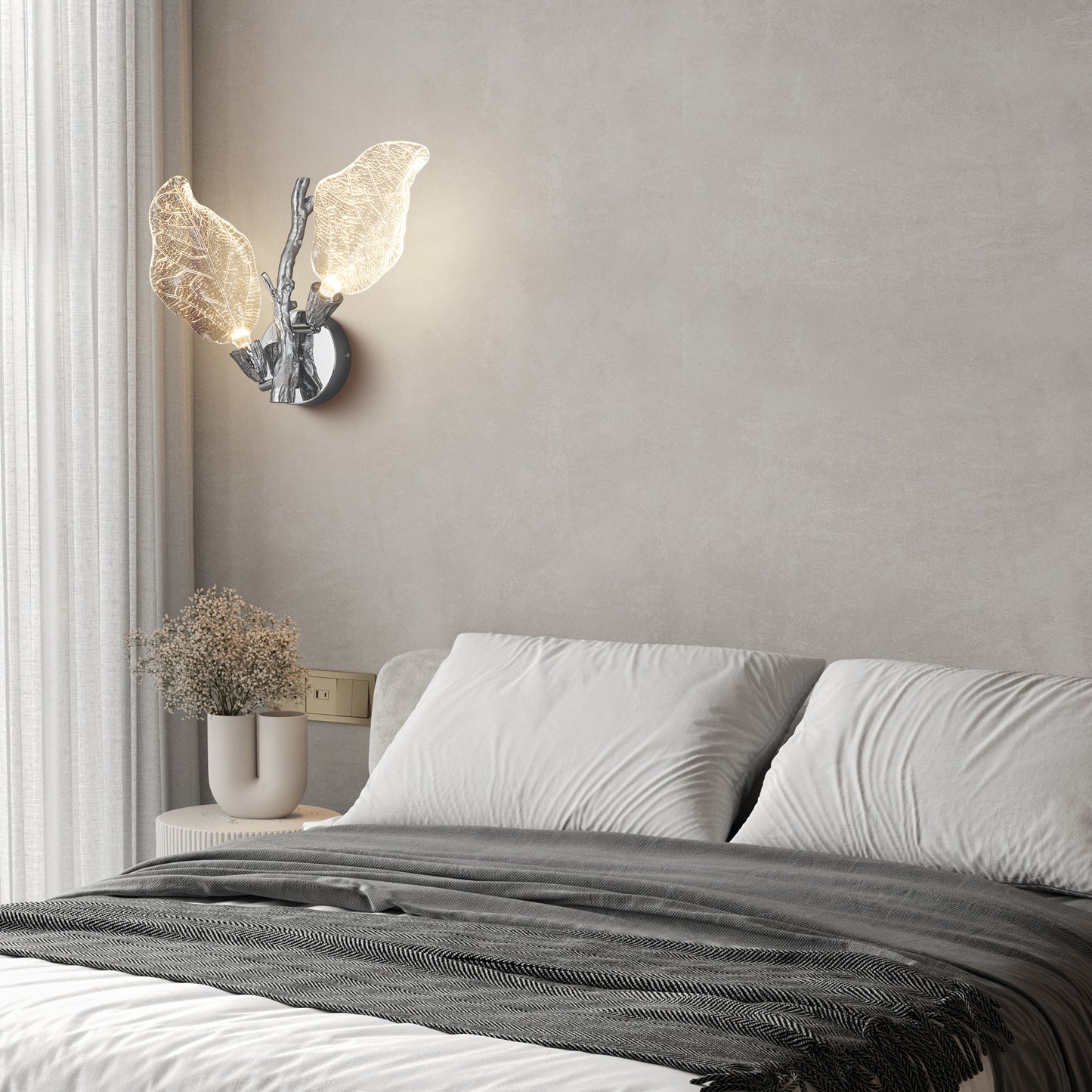 2-Light Silver Bionic Leaf Wall Sconce, LED Vanity Lighting Fixtures for Bathroom Hallway, Living Room, Stairs