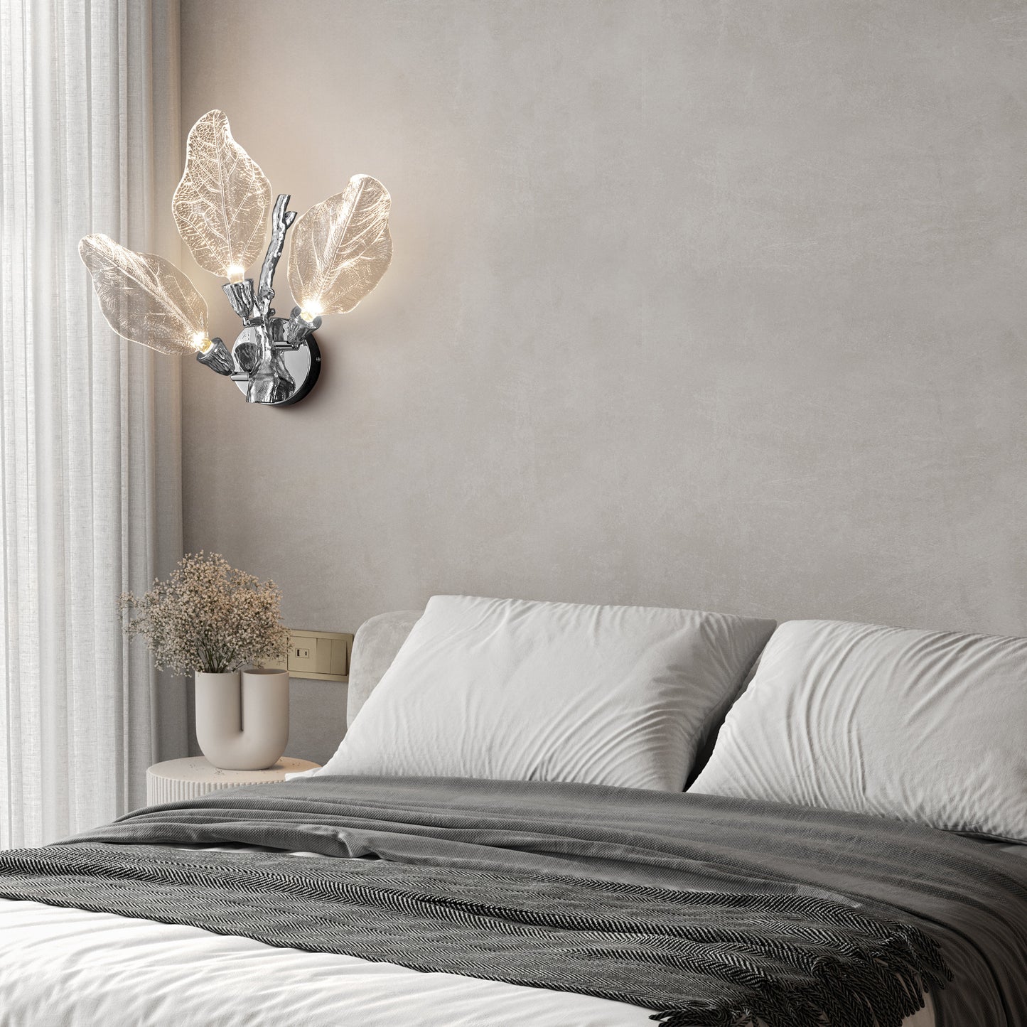 Modern 13.4 in. 3-Light Silver Bionic Leaf Wall Sconce LED Vanity Lighting Fixtures Bathroom Hallway Living Room Stair