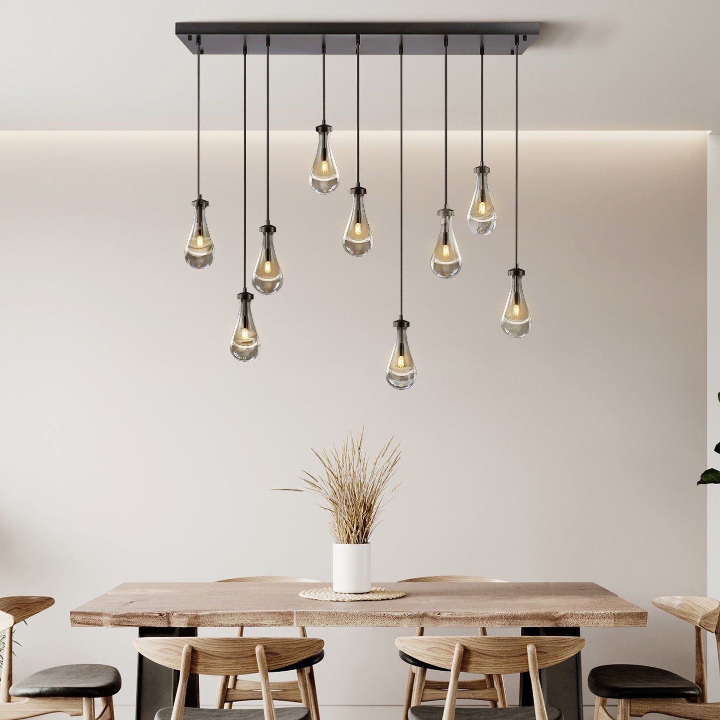 9-Lights Black Raindrop Chandelier, Modern Glass Pendant Light for Living Room, Kitchen Island, Bulb Included