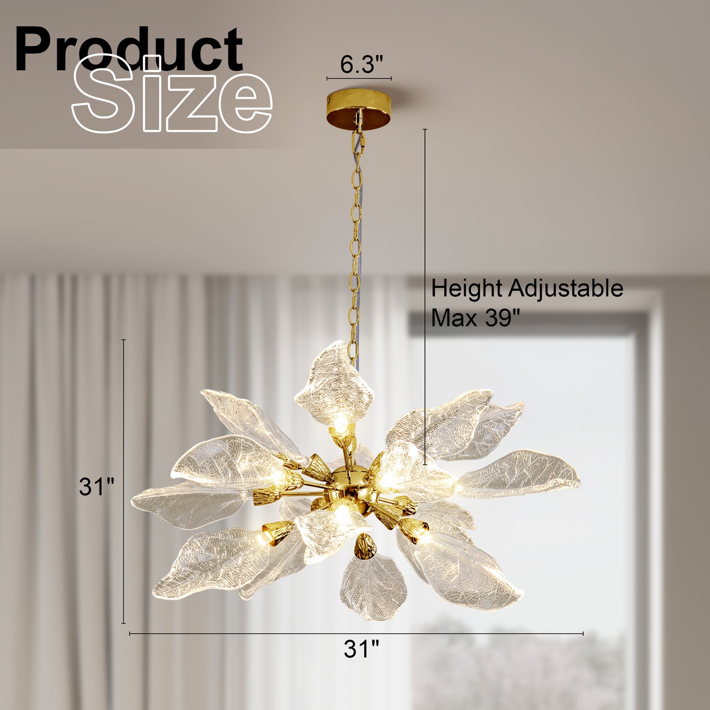 D31.5 in. 18-Light Gold Modern Chandelier, Crystal Leaf Chandelier for Bedroom, Dining Room, Living Room, Foyer