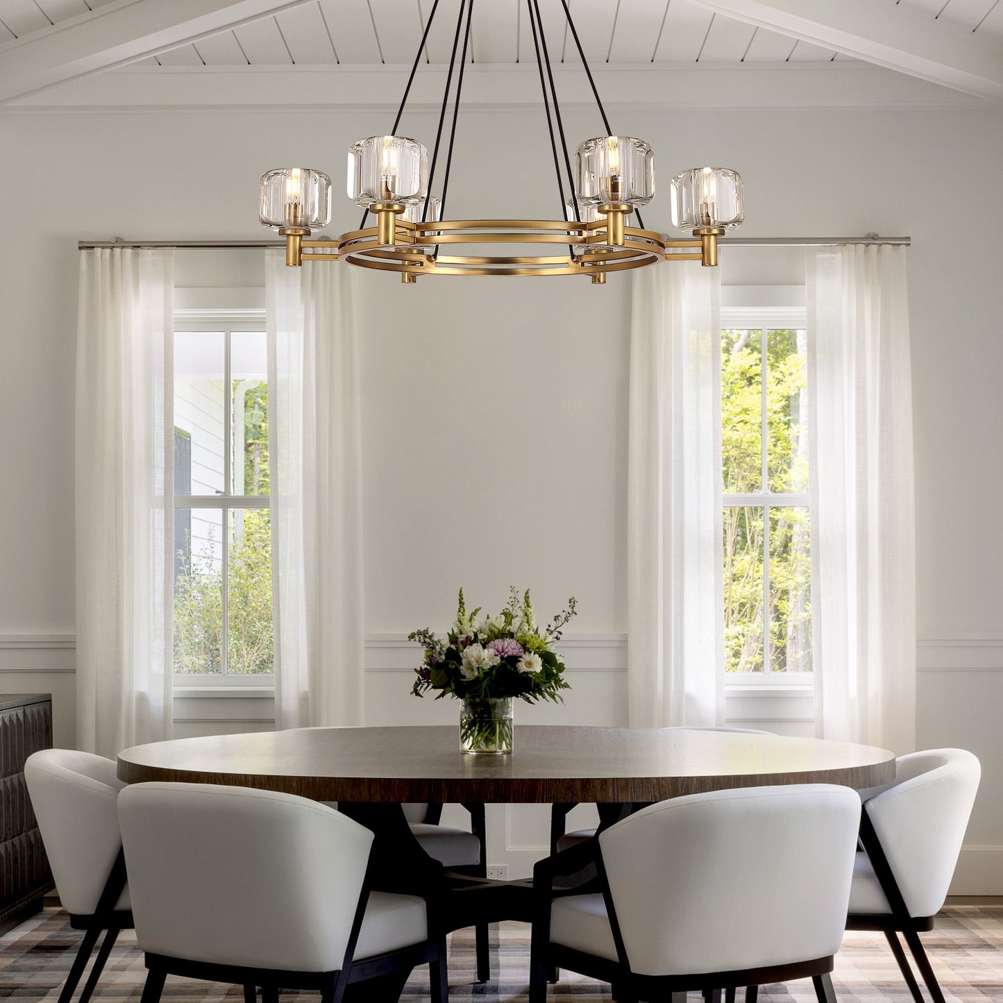 36 in. 6-Light Gold Farmhouse Wagon Wheel Chandelier with Crystal Lampshade for Dining Room, Living Room, Kitchen Island
