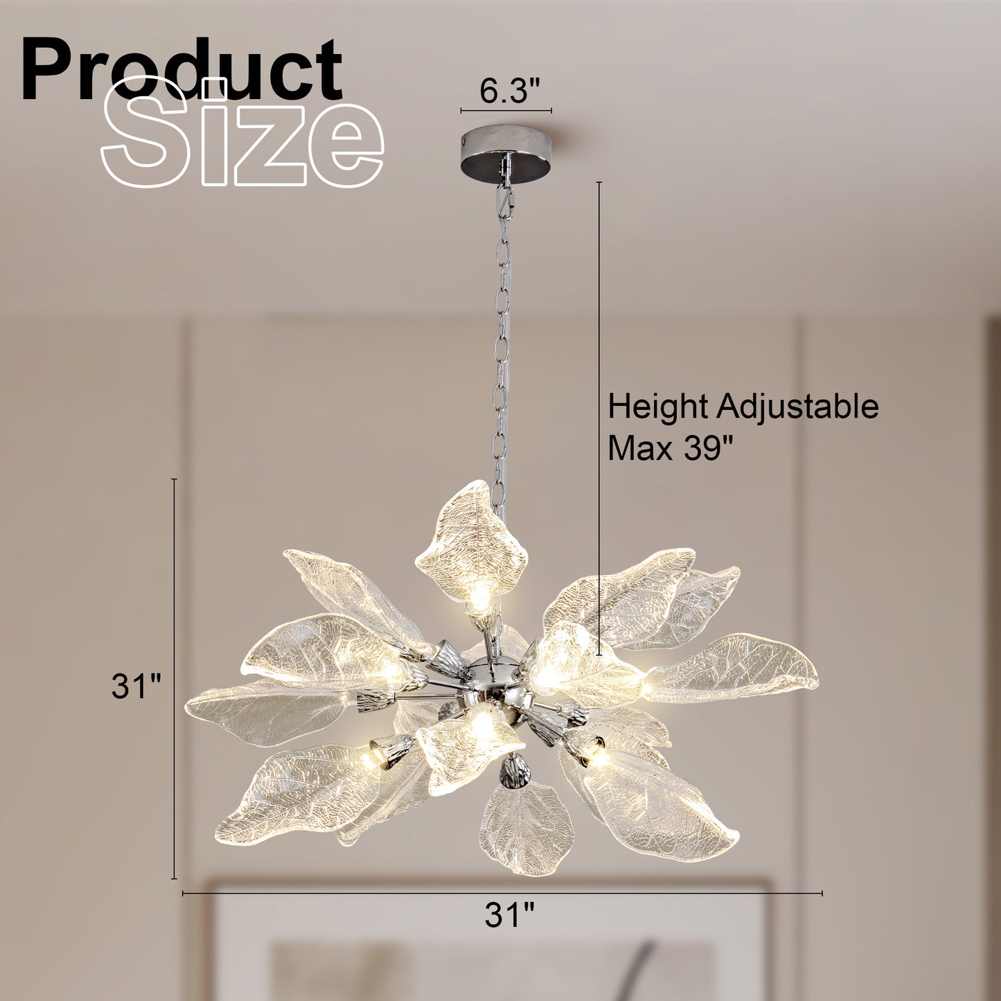 D31.5 in. 18-Light Silver Modern Chandelier, Crystal Leaf Chandelier for Bedroom, Dining Room, Living Room, Foyer