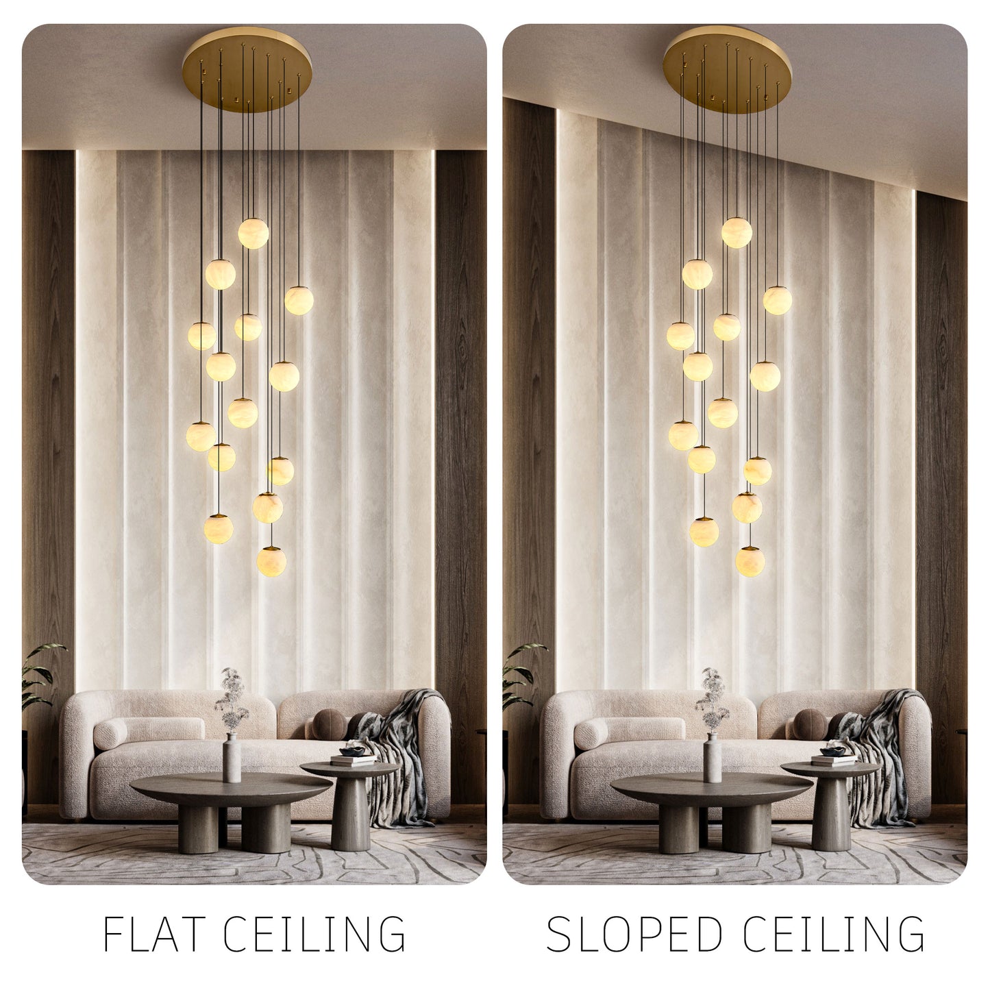 Modern 138 in. H 14-Light Gold Globe Staircase Chandelier, Natural Alabaster Chandelier for High Ceiling, Foyer, Entry
