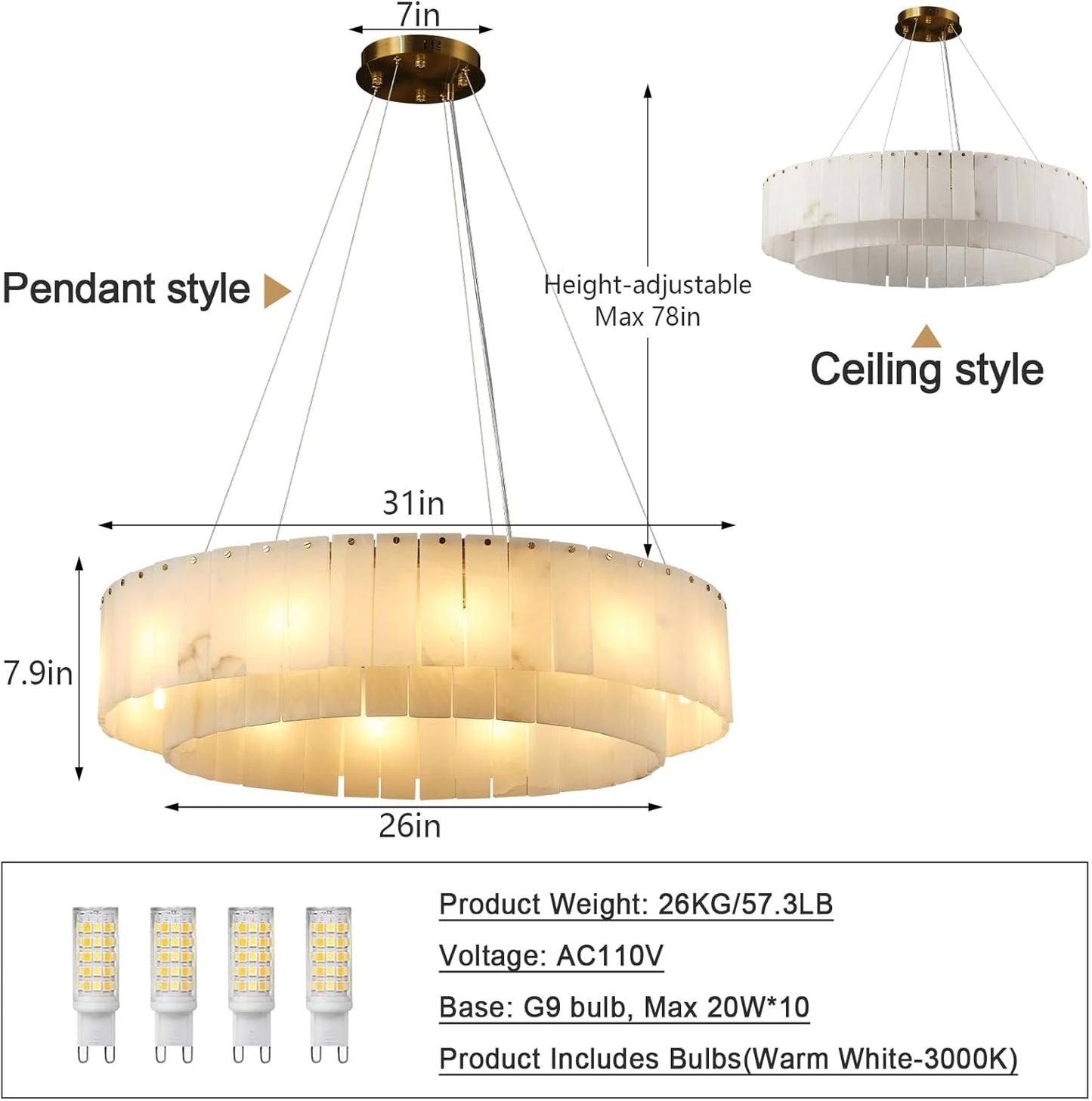 10-Light White Alabaster Chandelier, Modern Round Chandelier for Dining Room, Living Room, Kitchen Island