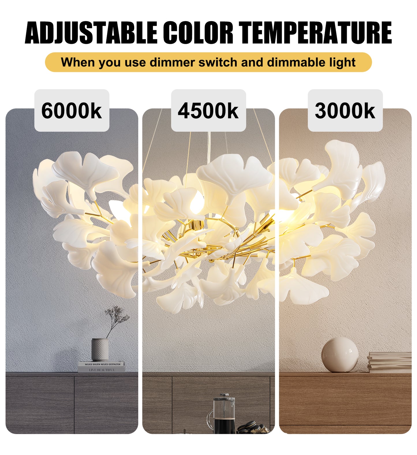 6 Light Gold Chandelier, Luxury Ginkgo Branch Chandelier for Living Room, Dining Room, Foyer, Kitchen Island-L31 in.