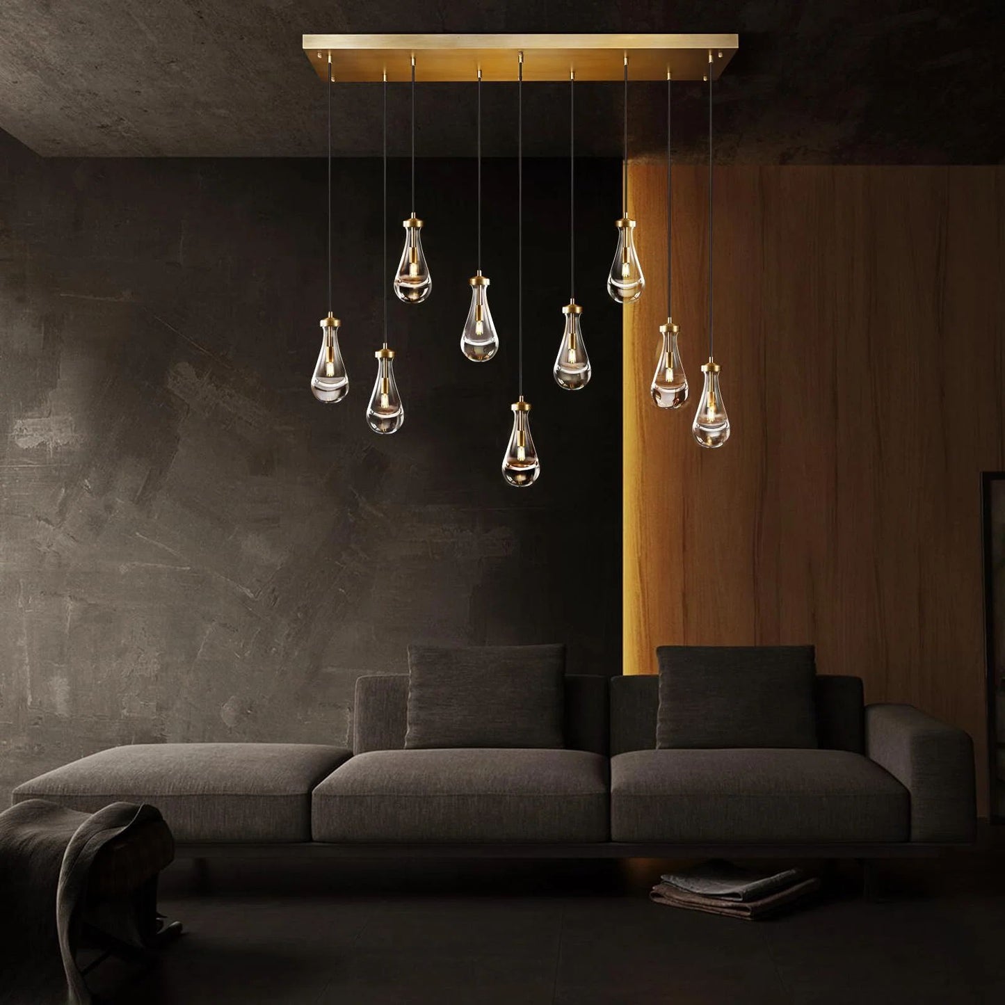 9-Light Gold Raindrop Chandelier, Modern Glass Pendant Light for Living Room, Kitchen Island, Bulb Included