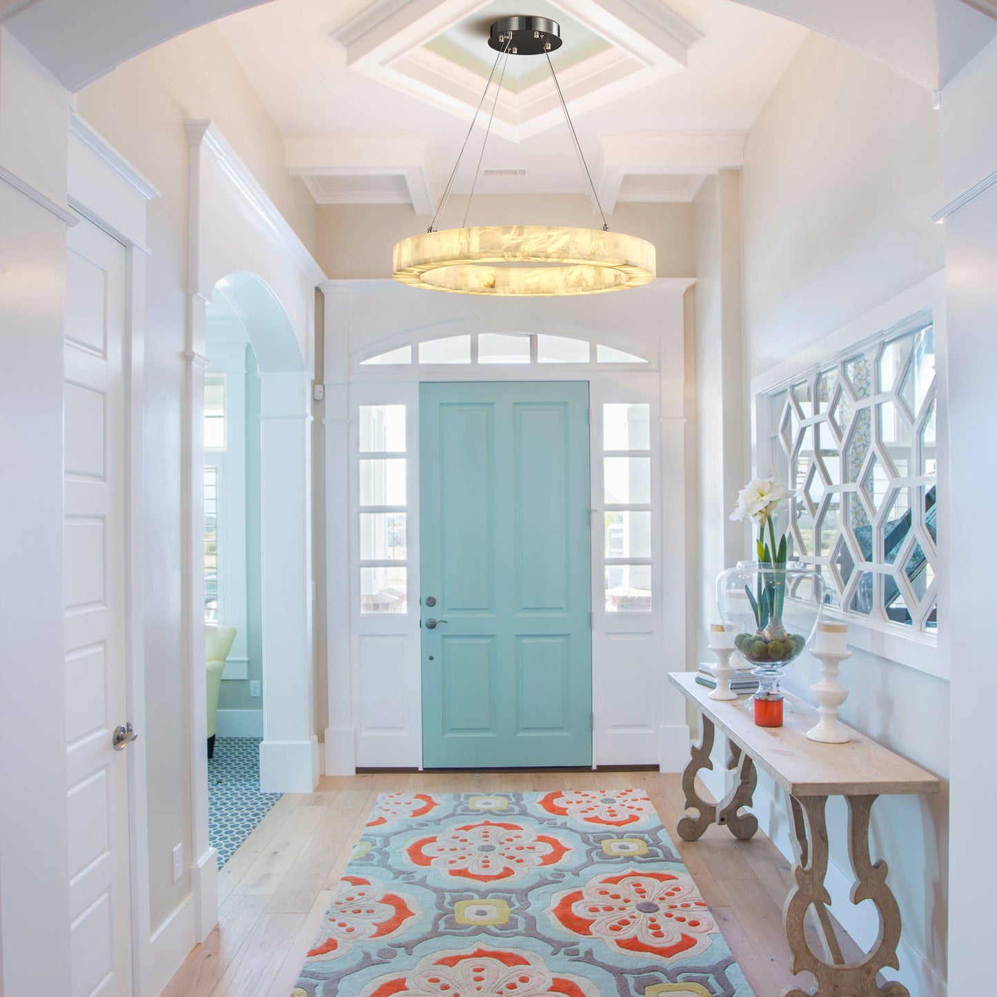 Modern Alabaster Chandelier 30 in. 1-Light Integrated LED White Round Chandelier for Living Room, Enterway, Foyer