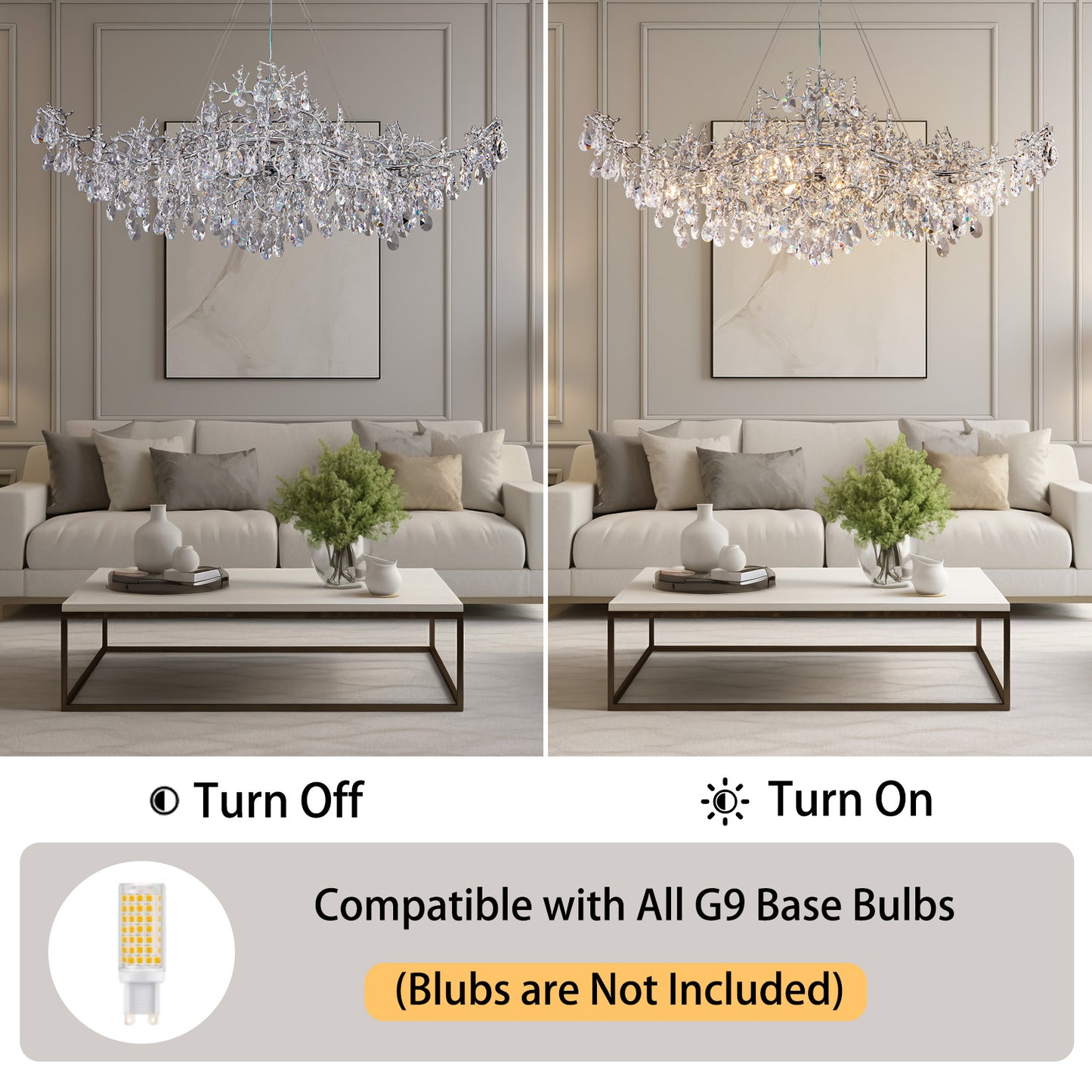 47.2" 14-Lights Silver Luxury Crystal Linear Chandelier, Modern Branch Chandelier for Dinning Room, Kitchen, Living Room