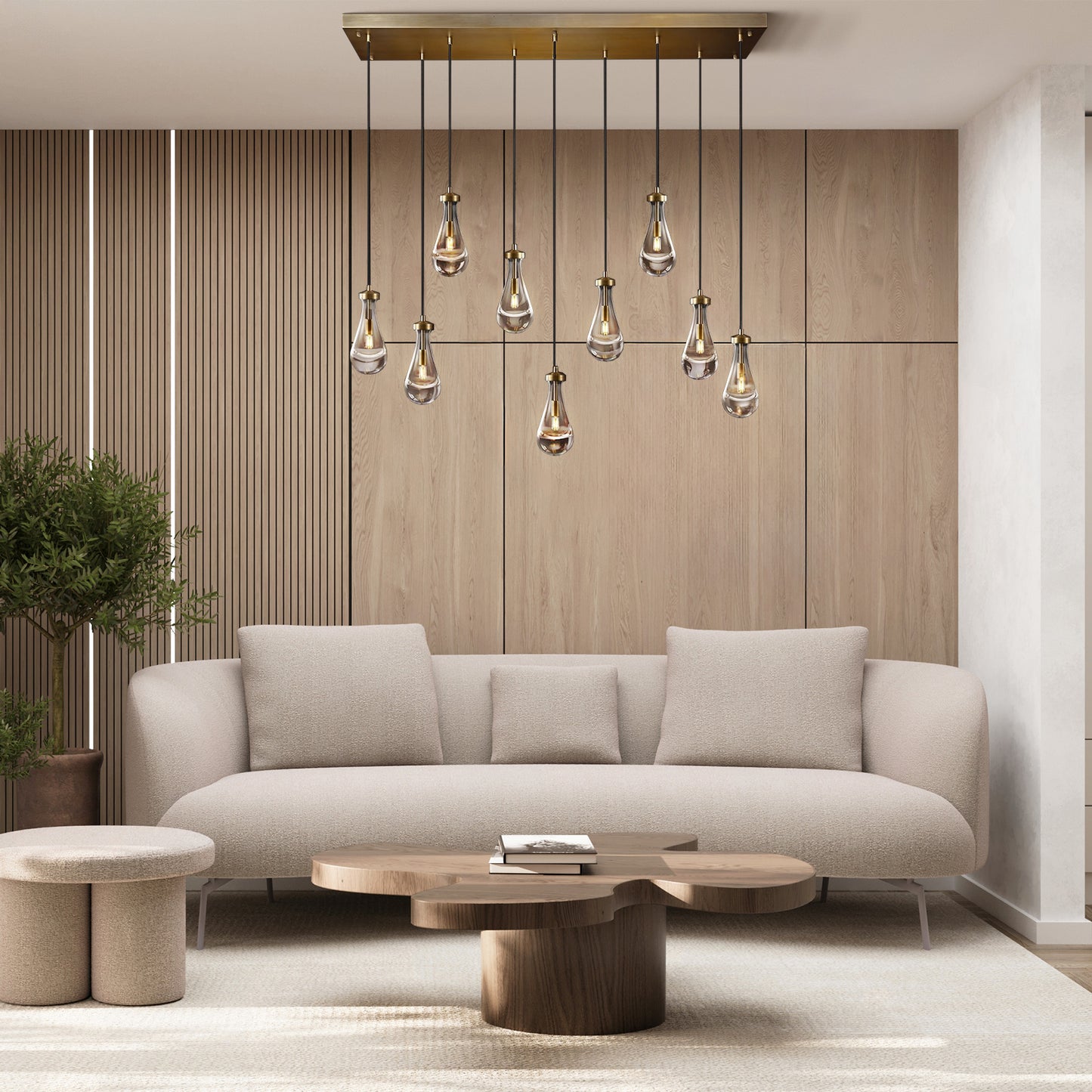 9-Light Gold Raindrop Chandelier, Modern Glass Pendant Light for Living Room, Kitchen Island, Bulb Included