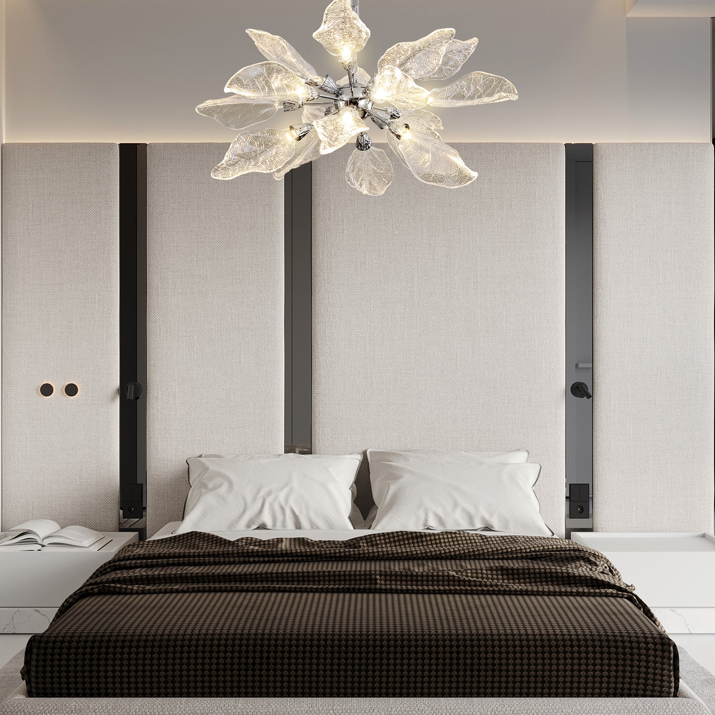 D31.5 in. 18-Light Silver Modern Chandelier, Crystal Leaf Chandelier for Bedroom, Dining Room, Living Room, Foyer