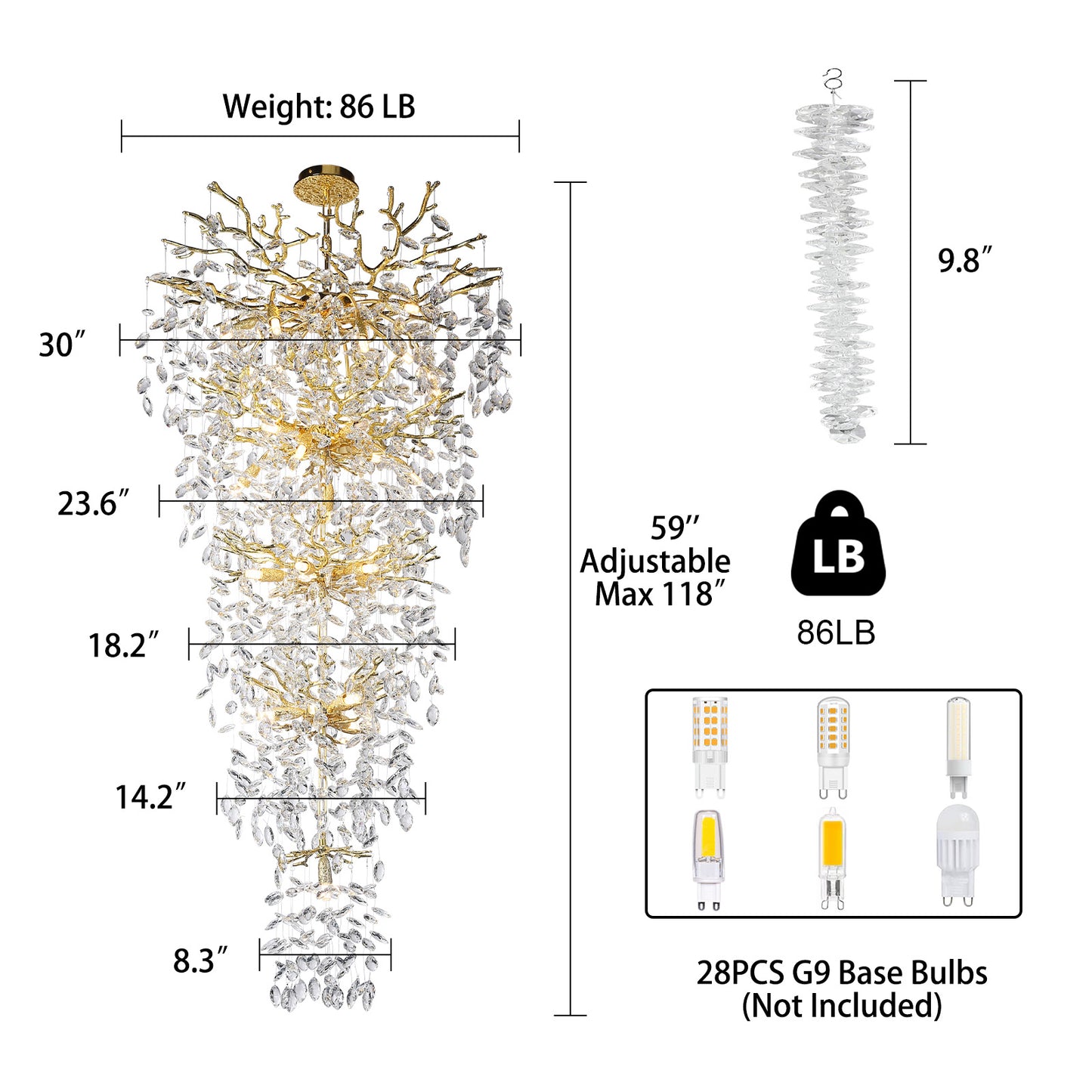 Modern Chandelier 118 in. 28-Light Crystal Gold Chandelier for Foyer, Living room, Multiple Tiers Chandelier