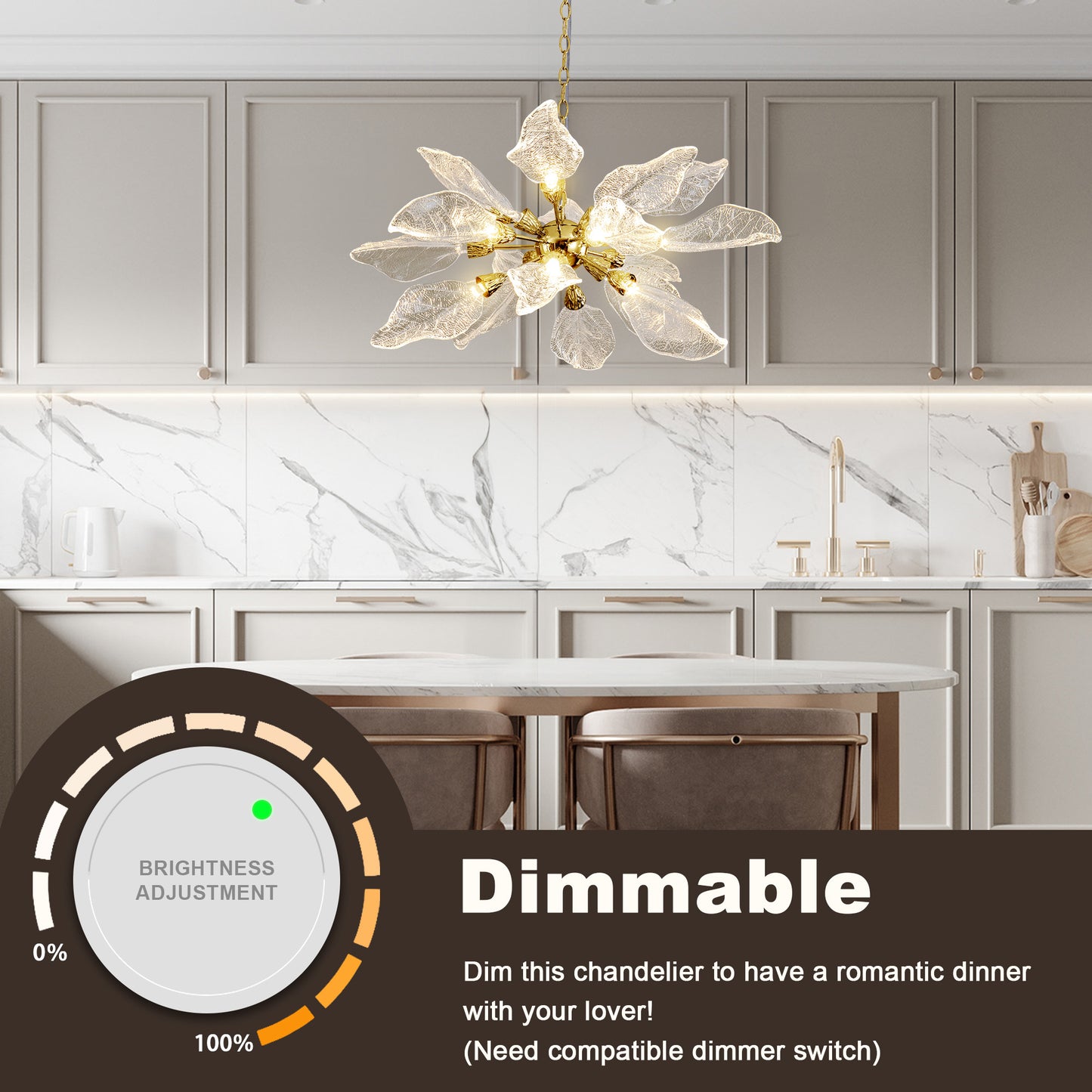 D31.5 in. 18-Light Gold Modern Chandelier, Crystal Leaf Chandelier for Bedroom, Dining Room, Living Room, Foyer