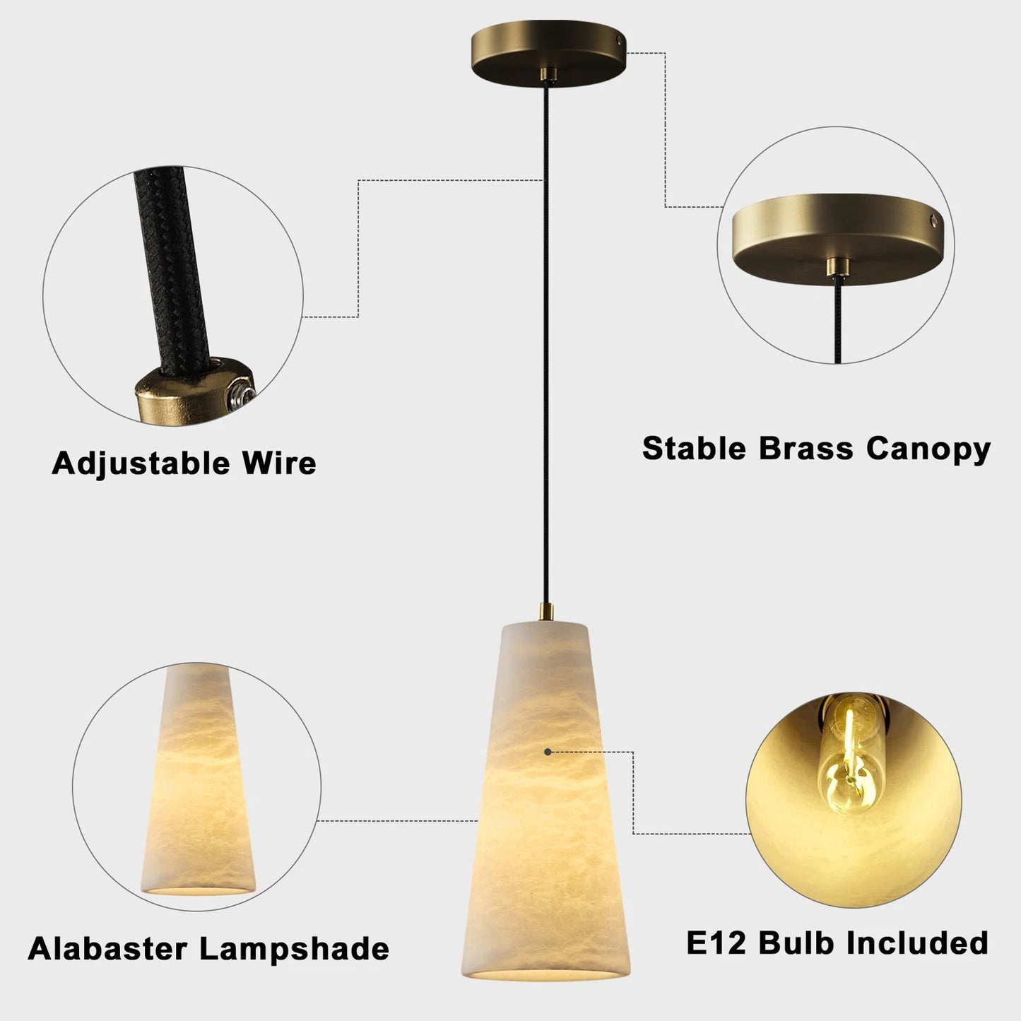 1-Light Gold Pendant Light, Conical Natural Alabaster Shade Pendant Light for Dining Room, Kitchen Island(Bulb Included)