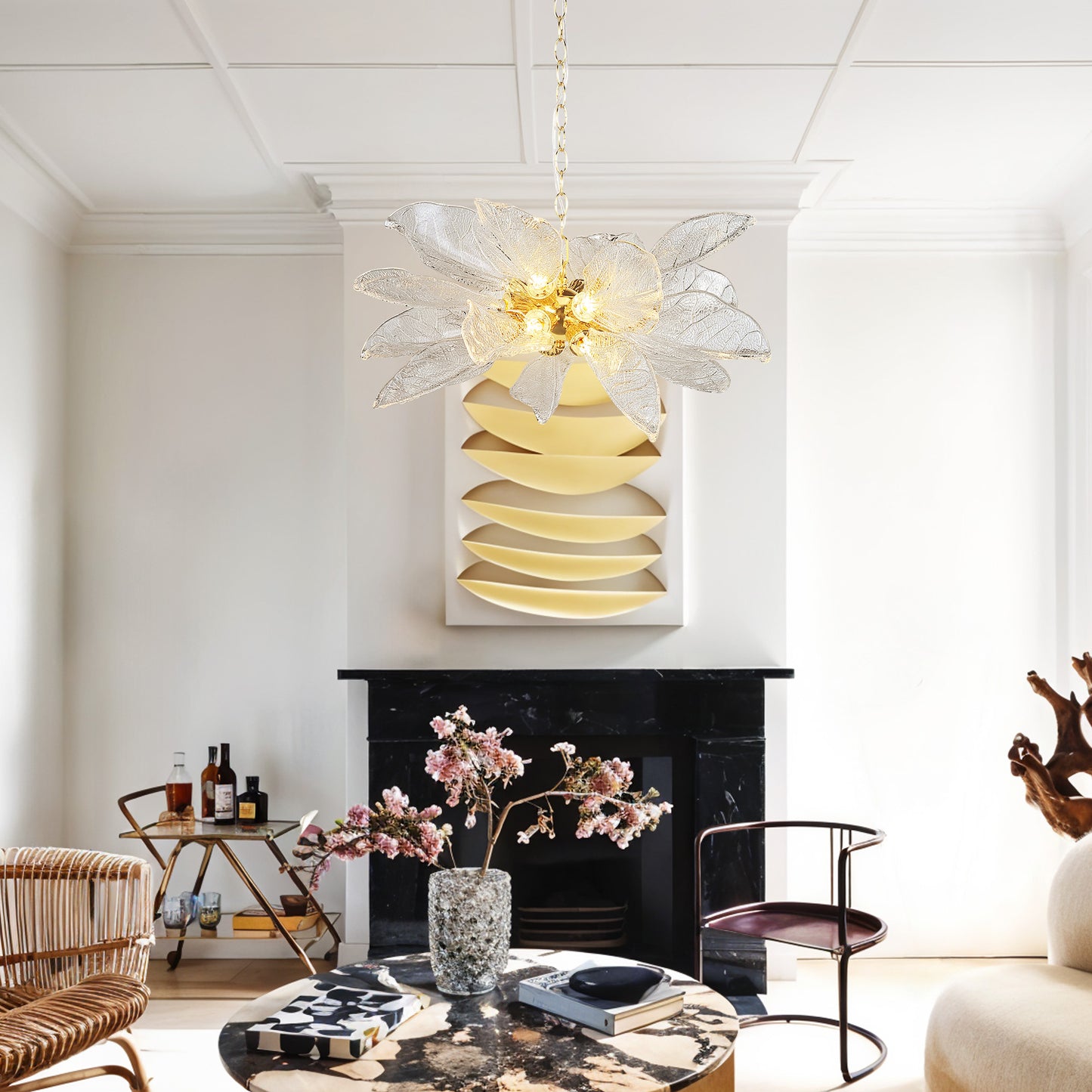 D23 in. 16-Light Gold Modern Chandelier, Crystal Leaf Chandelier for Bedroom, Dining Room, Living Room, Foyer