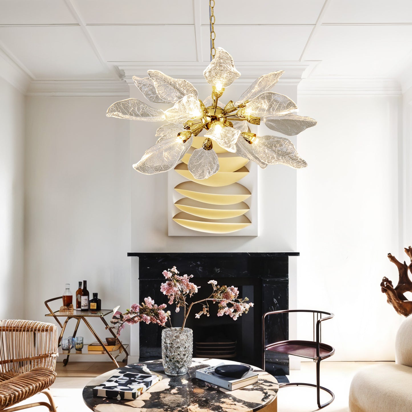 D31.5 in. 18-Light Gold Modern Chandelier, Crystal Leaf Chandelier for Bedroom, Dining Room, Living Room, Foyer