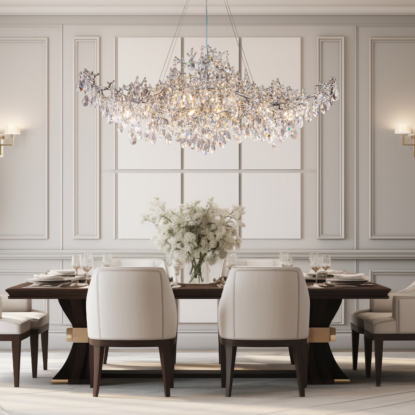47.2" 14-Lights Silver Luxury Crystal Linear Chandelier, Modern Branch Chandelier for Dinning Room, Kitchen, Living Room