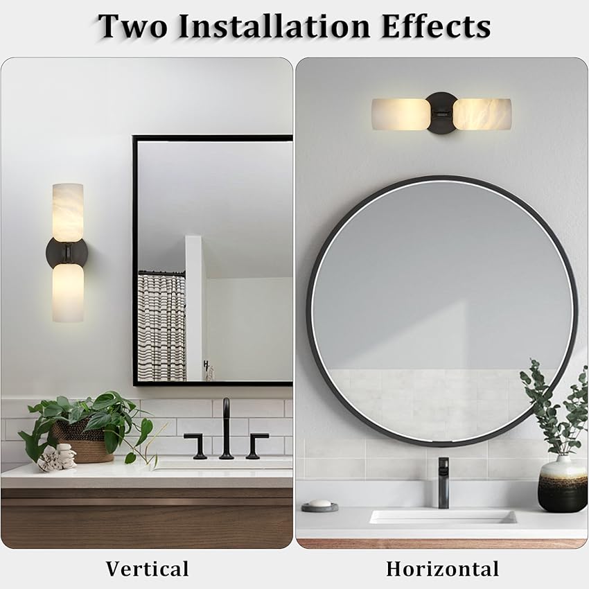 14in. 2-Light Black Modern Natural Alabaster Wall Sconce, Brass Bathroom Sconces for Living Room, Staircase, Hallway