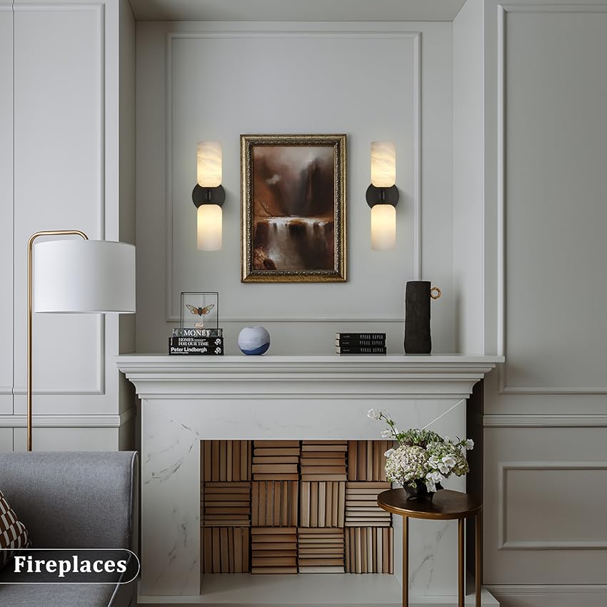 14in. 2-Light Black Modern Natural Alabaster Wall Sconce, Brass Bathroom Sconces for Living Room, Staircase, Hallway