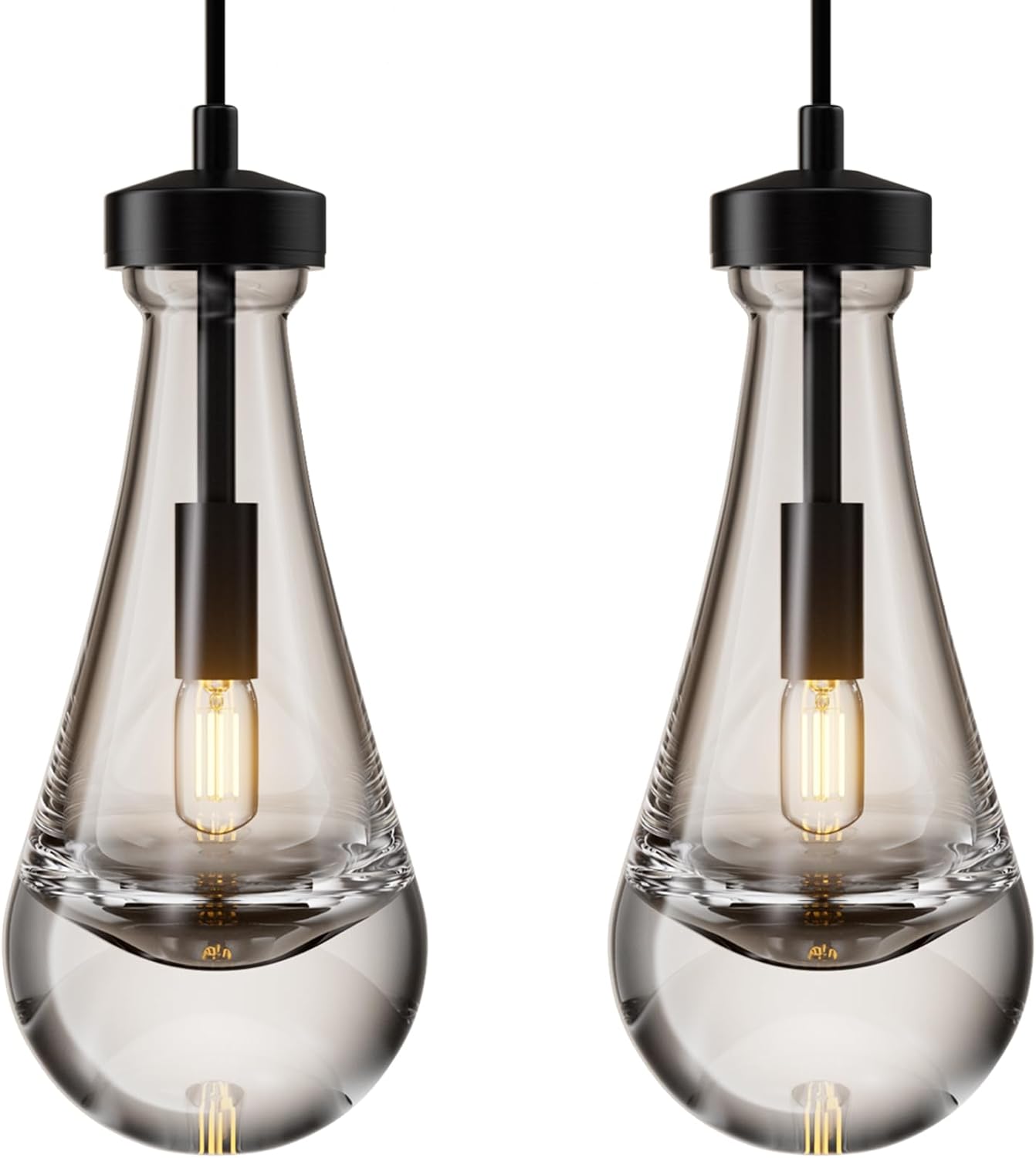 1-Light Modern Black Chandelier, Pendant Light Kitchen Island with Raindrop Glass Shade, (2-Sets)
