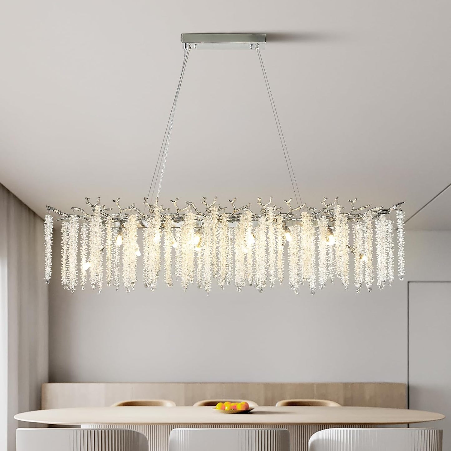 14-Light Silver Chandelier, Luxury Flush Mount Chandelier with K9 Crystal, for Dining Room, Living Room, Kitchen