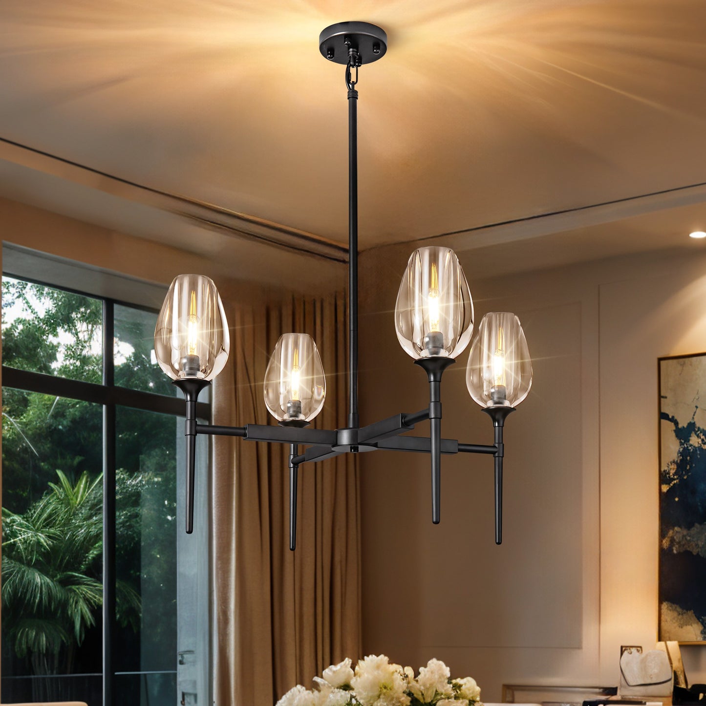 Modern Tulip Chandelier 27 in. 4-Light Black Tulip Round Chandelier for Dining Room, Living Room, Foyer, Hallway
