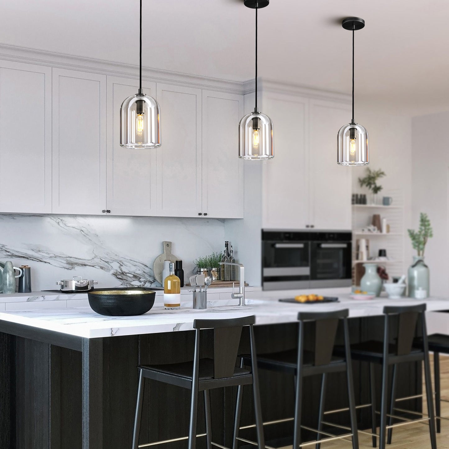 1-Light Black Pendant Light, Modern Indoor Pendant Light with Crystal Shade for Kitchen Island, Dining Room, Living Room