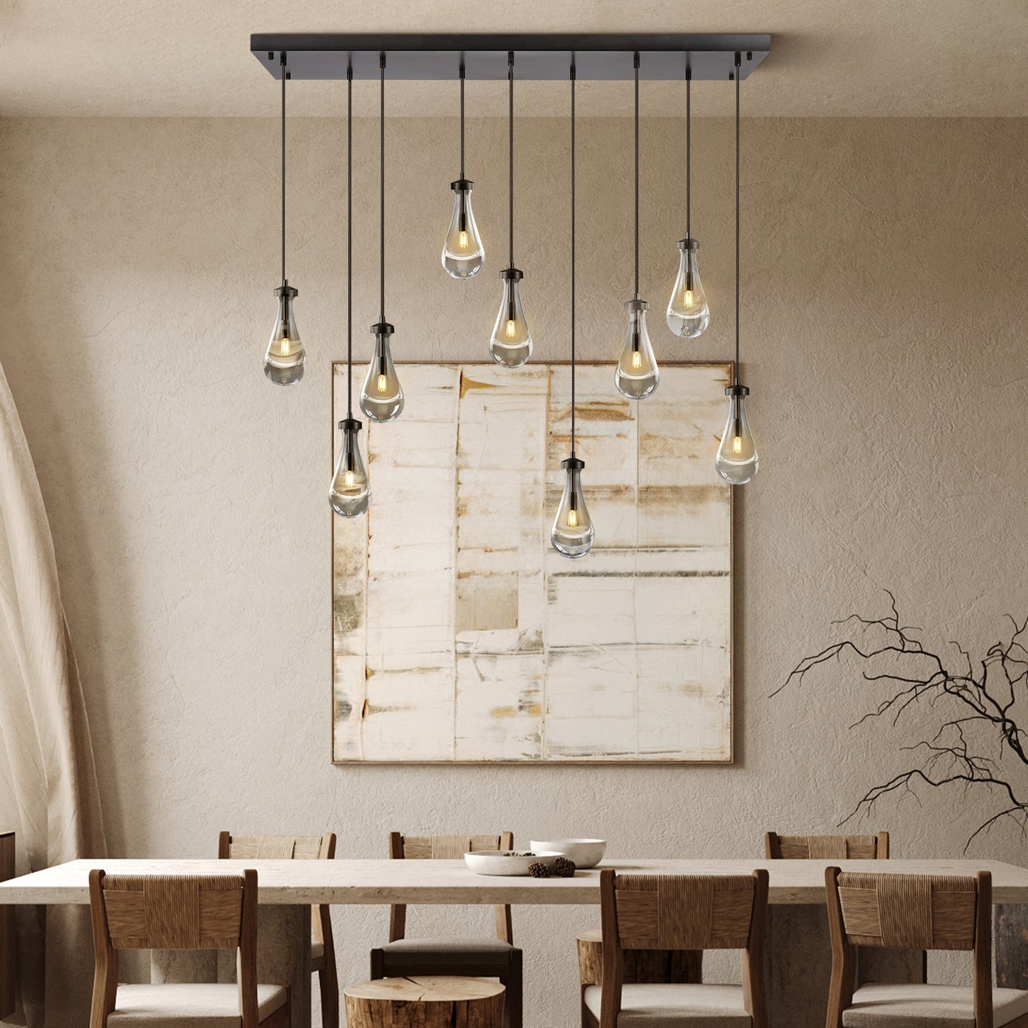 9-Lights Black Raindrop Chandelier, Modern Glass Pendant Light for Living Room, Kitchen Island, Bulb Included