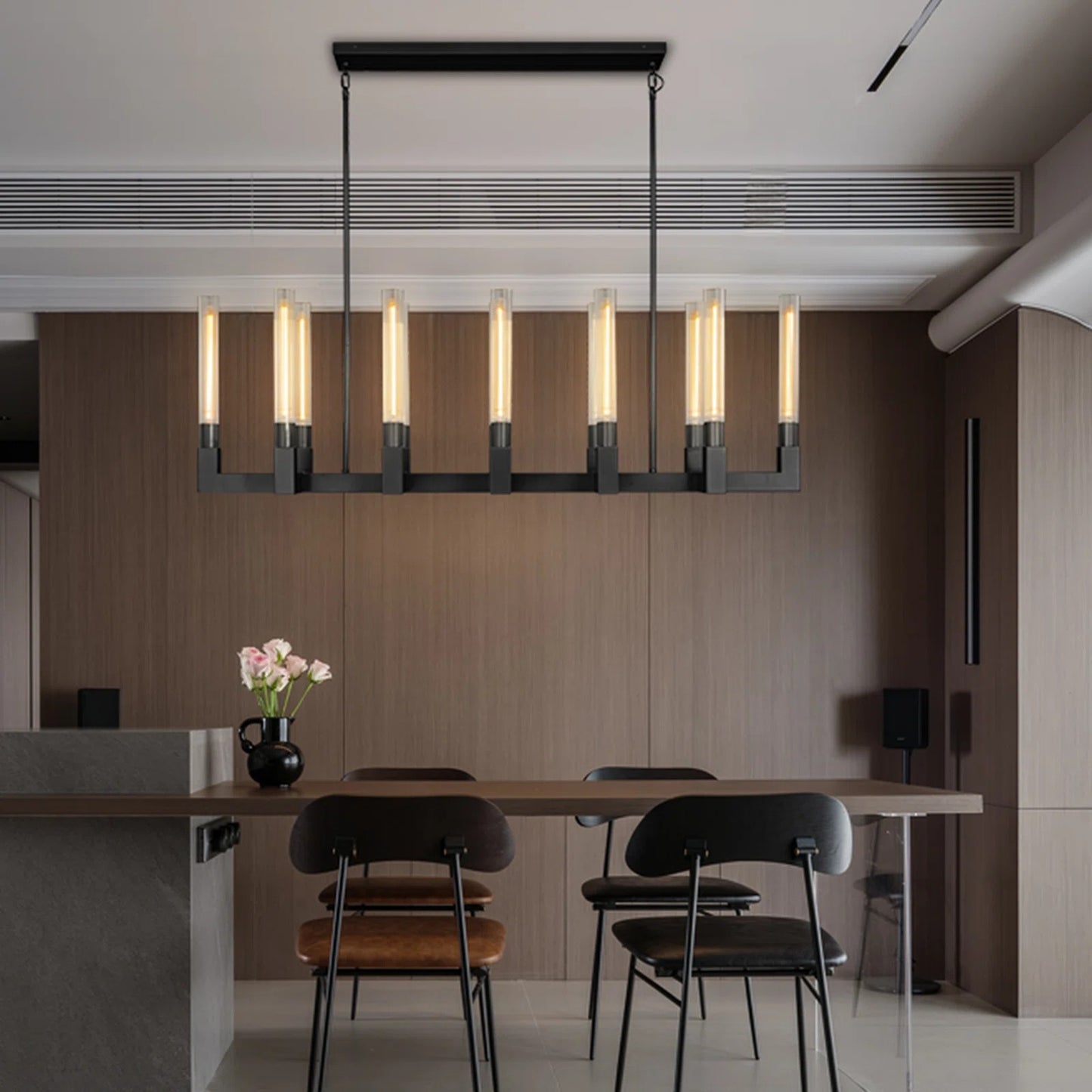12-Light Black Candlestick Chandelier, Modern Chandelier with Glass Shade, Retangular Luxurious Ceiling Pendant Light