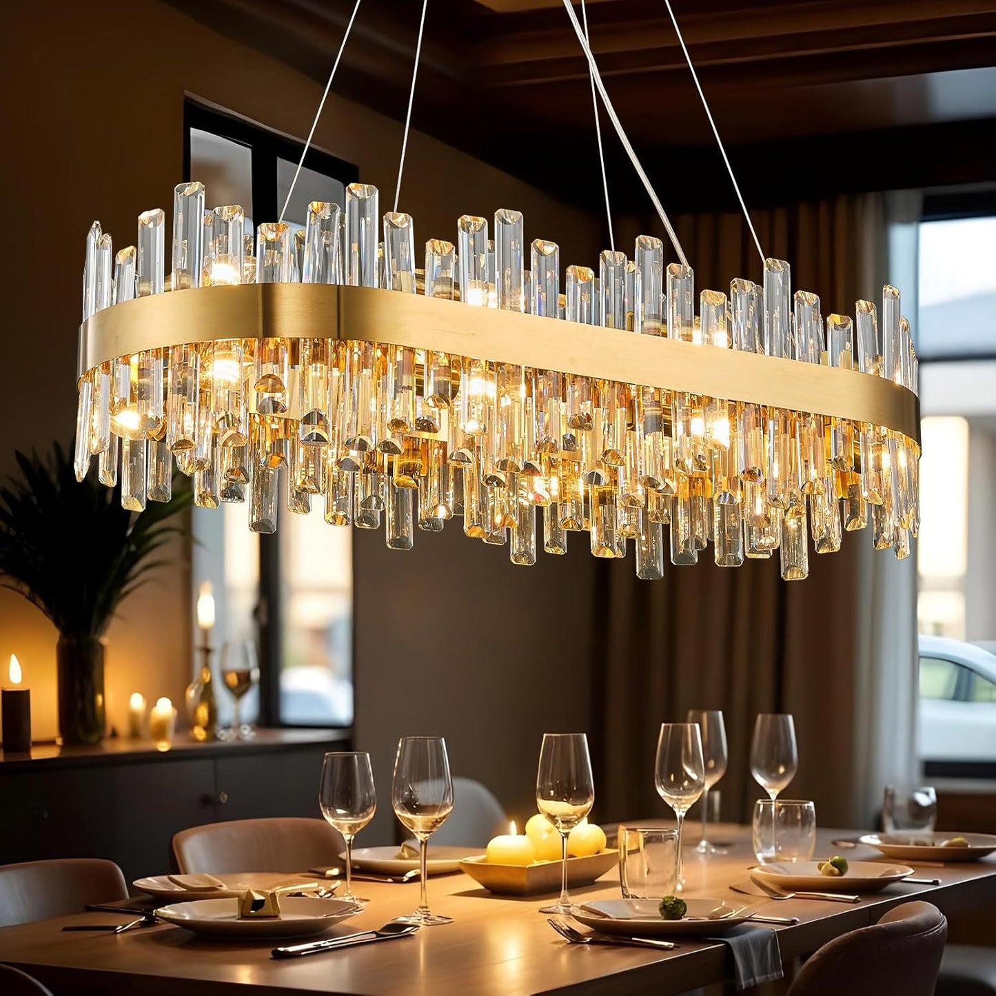 Farmhouse 35.4 in. 16-Light Gold Chandelier, Modern Rectangular K9 Crystal Chandelier for Dining Room, Kitchen Island