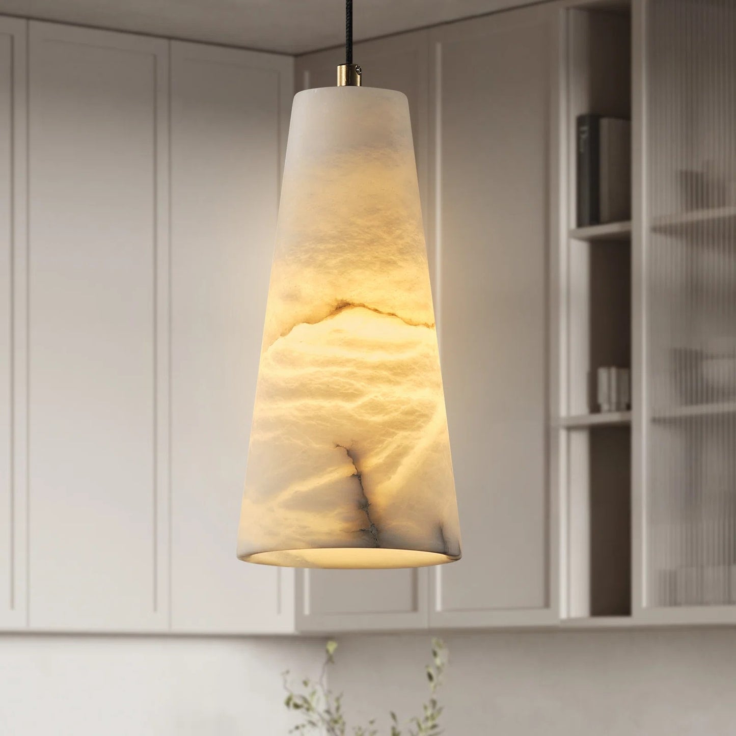 1-Light Gold Pendant Light, Conical Natural Alabaster Shade Pendant Light for Dining Room, Kitchen Island(Bulb Included)