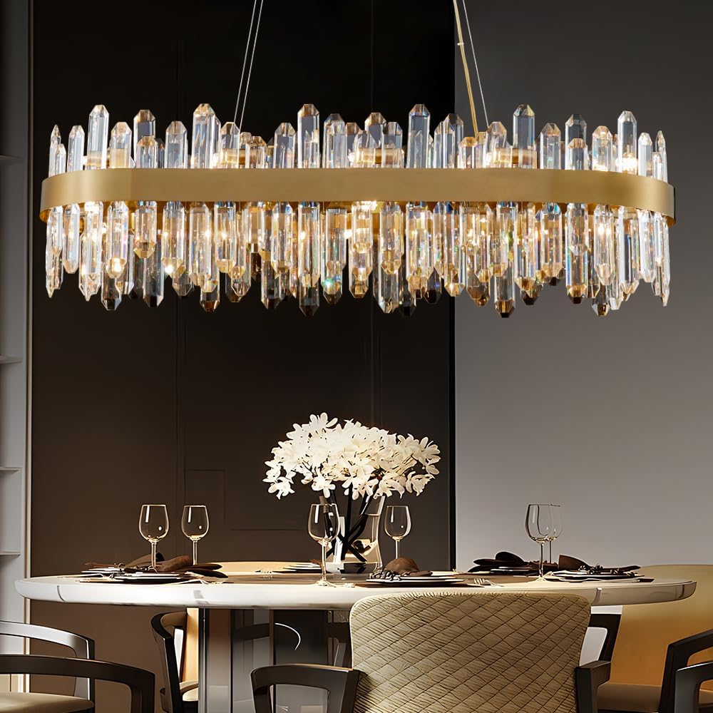 35.4 in. 16-Light Gold Crystal Chandelier, Modern Rectangular K9 Crystal Hanging Pendant Ceiling Light Fixture