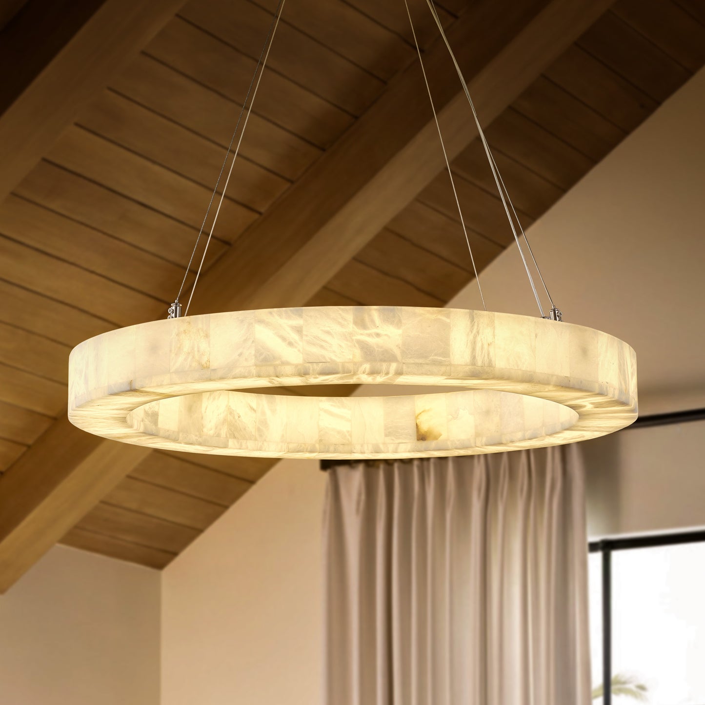 Modern Alabaster Chandelier 30 in. 1-Light Integrated LED White Round Chandelier for Living Room, Enterway, Foyer